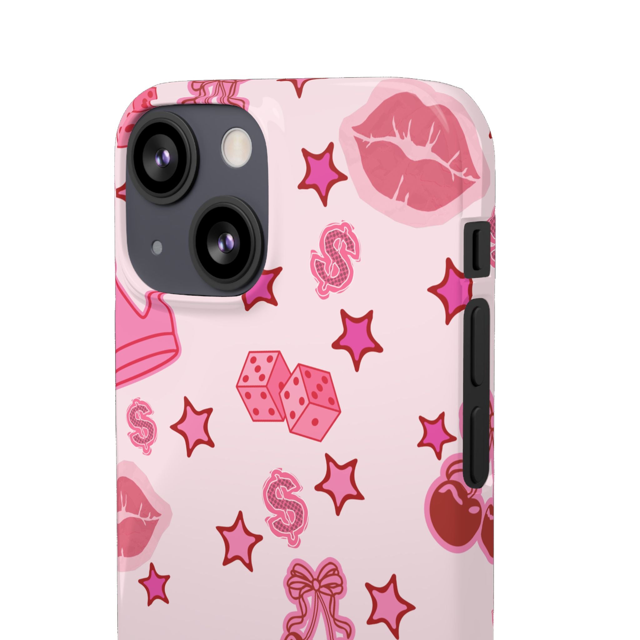 Pink Kawaii Icons Phone Case — Lip, Crown & Cherry Pattern Snap Case