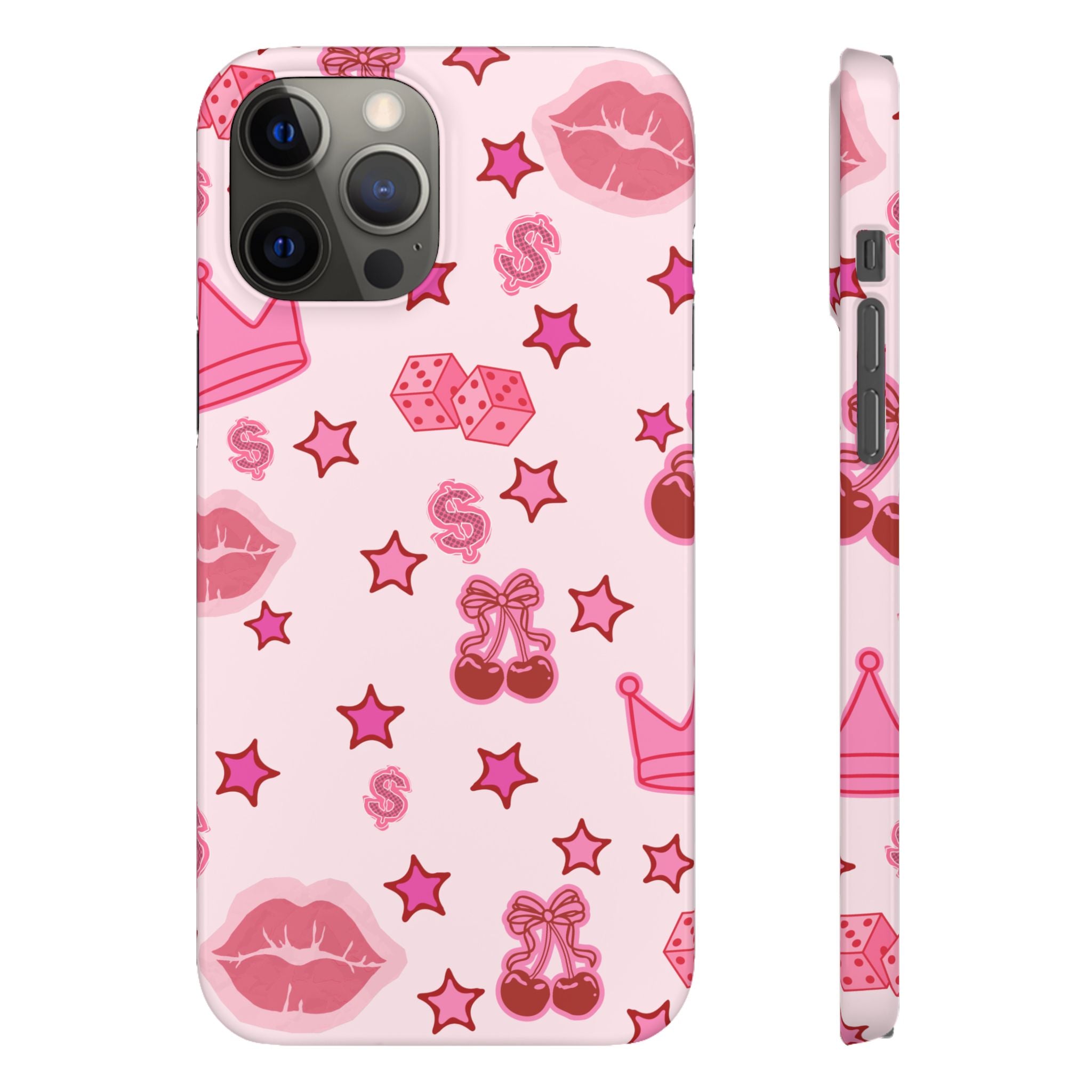 Pink Kawaii Icons Phone Case — Lip, Crown & Cherry Pattern Snap Case