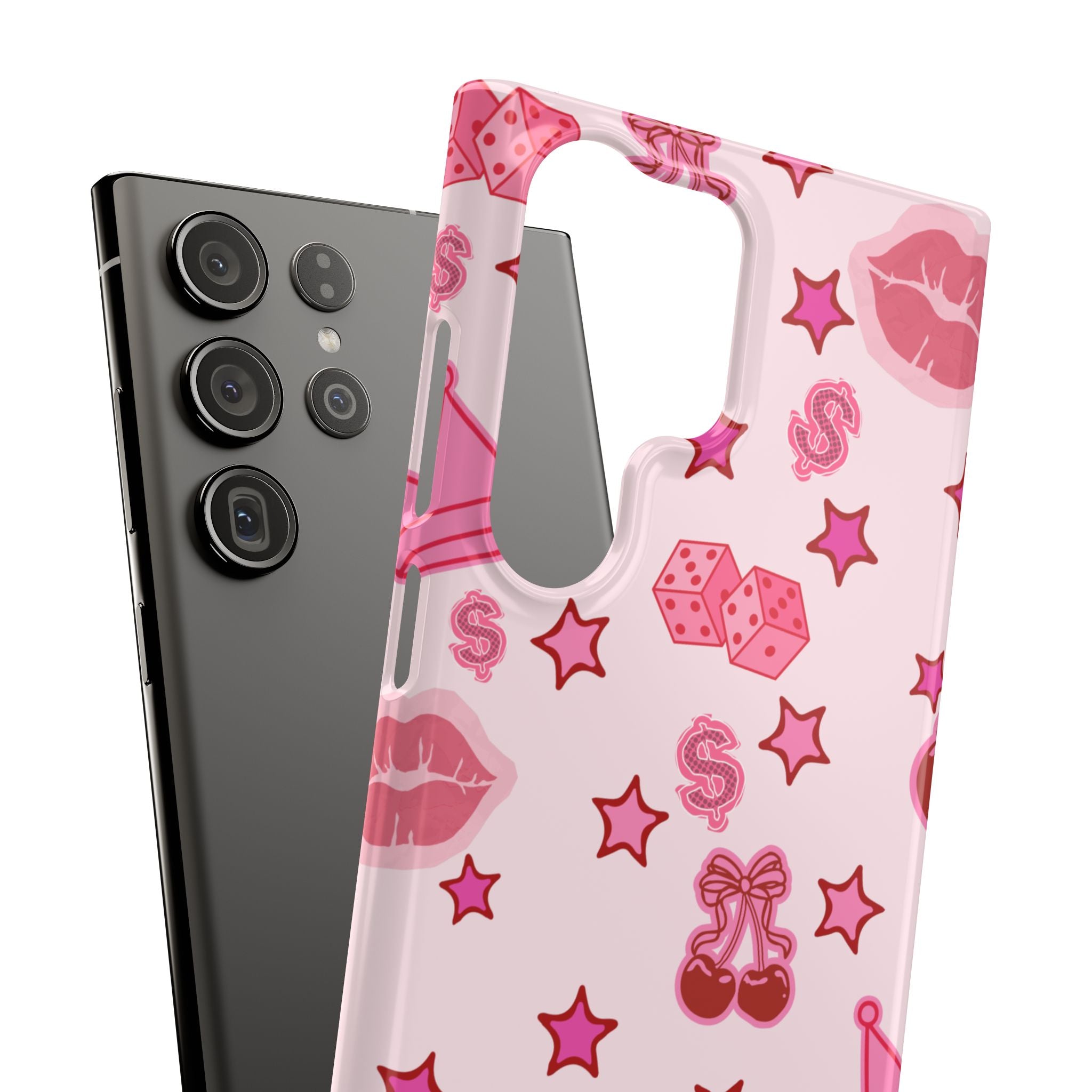 Pink Kawaii Icons Phone Case — Lip, Crown & Cherry Pattern Snap Case
