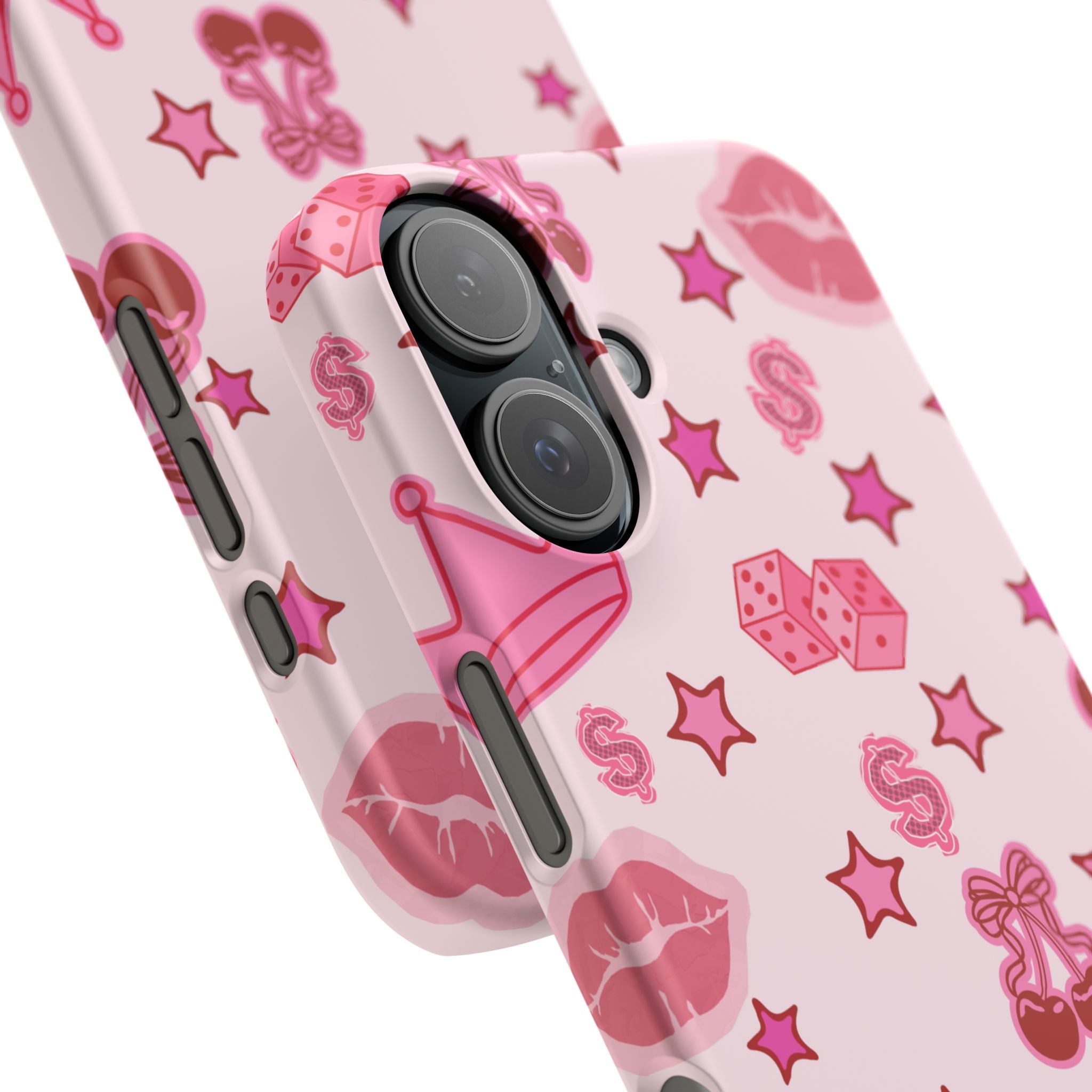 Pink Kawaii Icons Phone Case — Lip, Crown & Cherry Pattern Snap Case