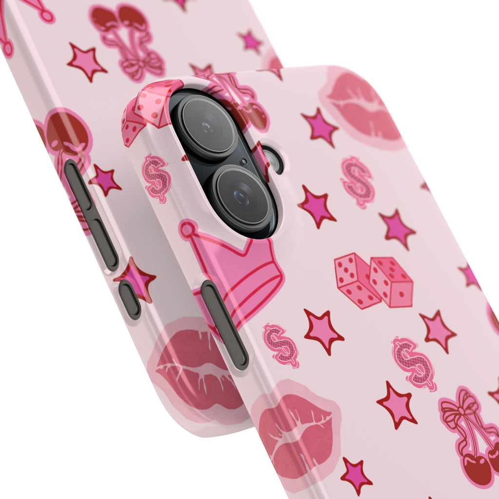 Pink Kawaii Icons Phone Case — Lip, Crown & Cherry Pattern Snap Case