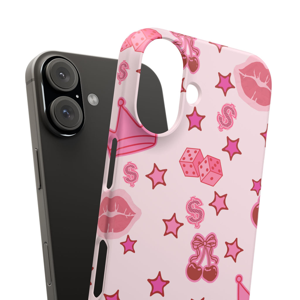 Pink Kawaii Icons Phone Case — Lip, Crown & Cherry Pattern Snap Case