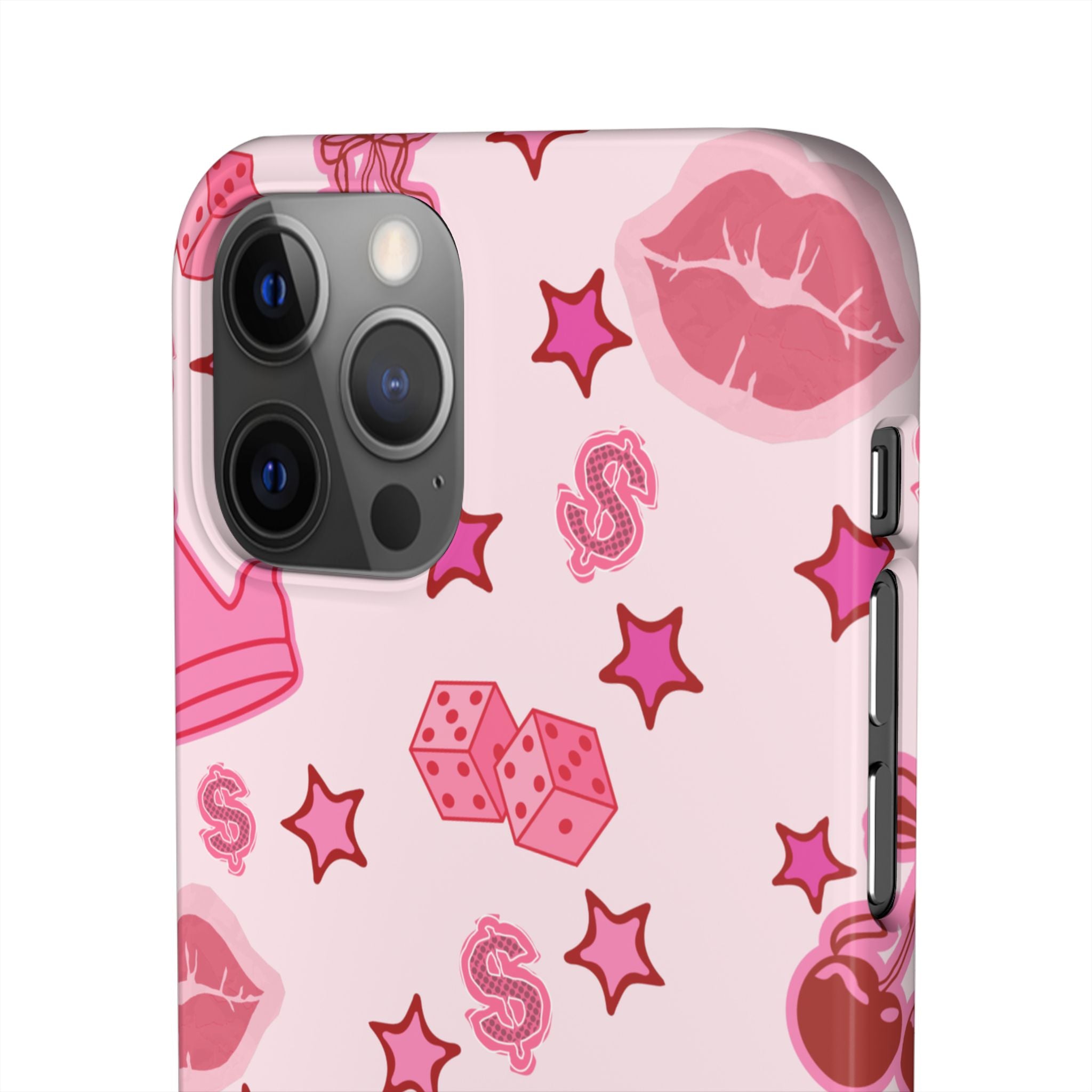 Pink Kawaii Icons Phone Case — Lip, Crown & Cherry Pattern Snap Case