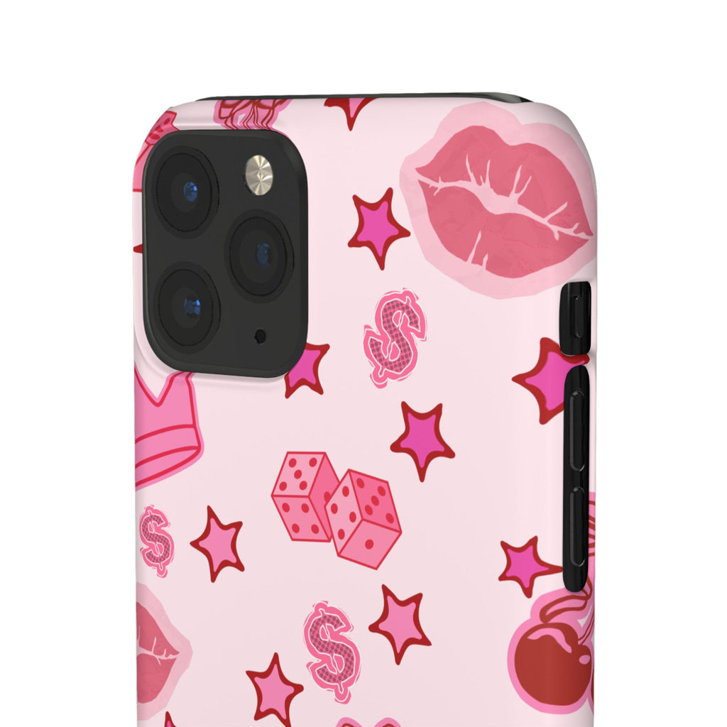 Pink Kawaii Icons Phone Case — Lip, Crown & Cherry Pattern Snap Case