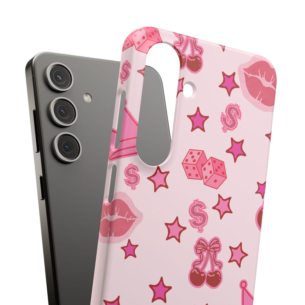Pink Kawaii Icons Phone Case — Lip, Crown & Cherry Pattern Snap Case
