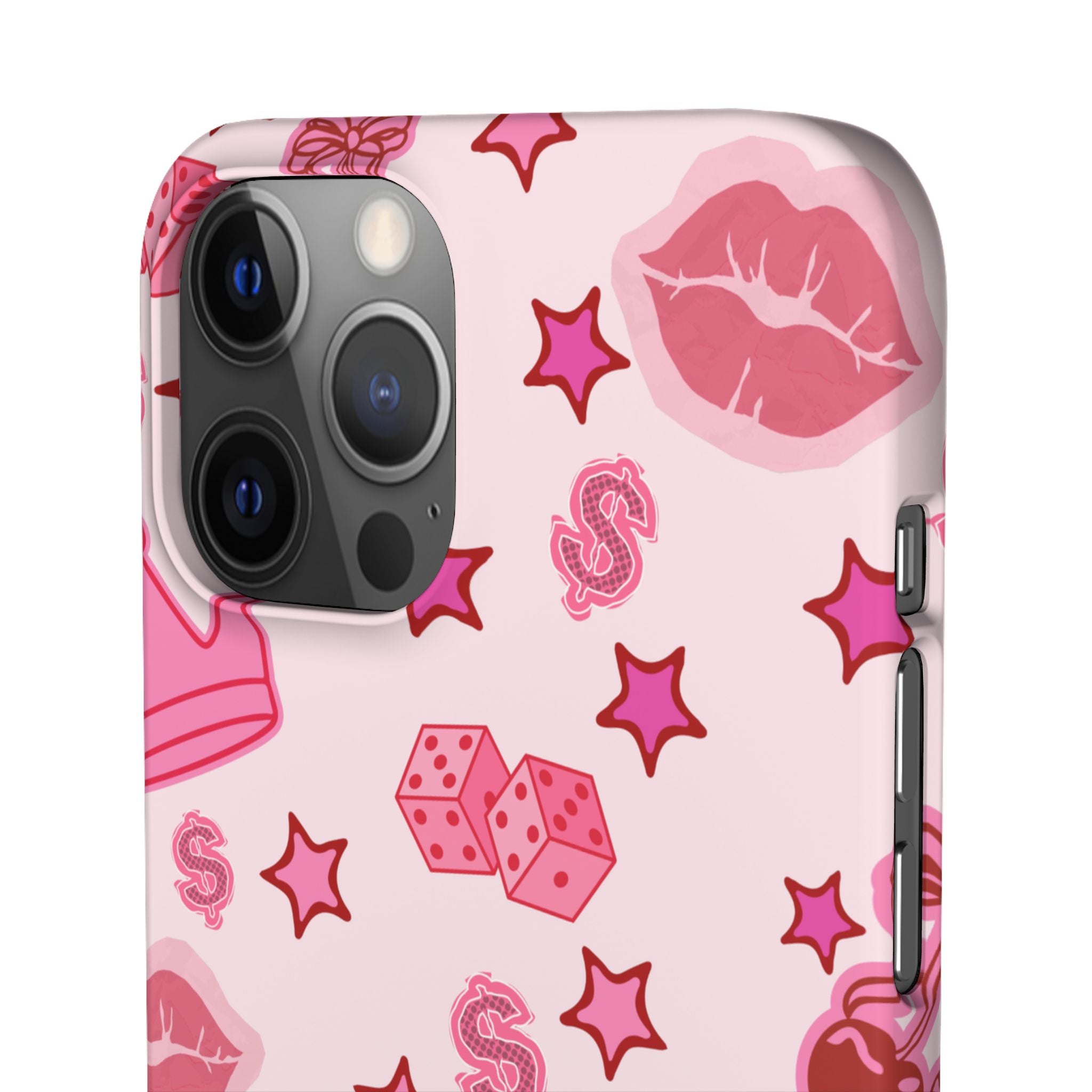 Pink Kawaii Icons Phone Case — Lip, Crown & Cherry Pattern Snap Case