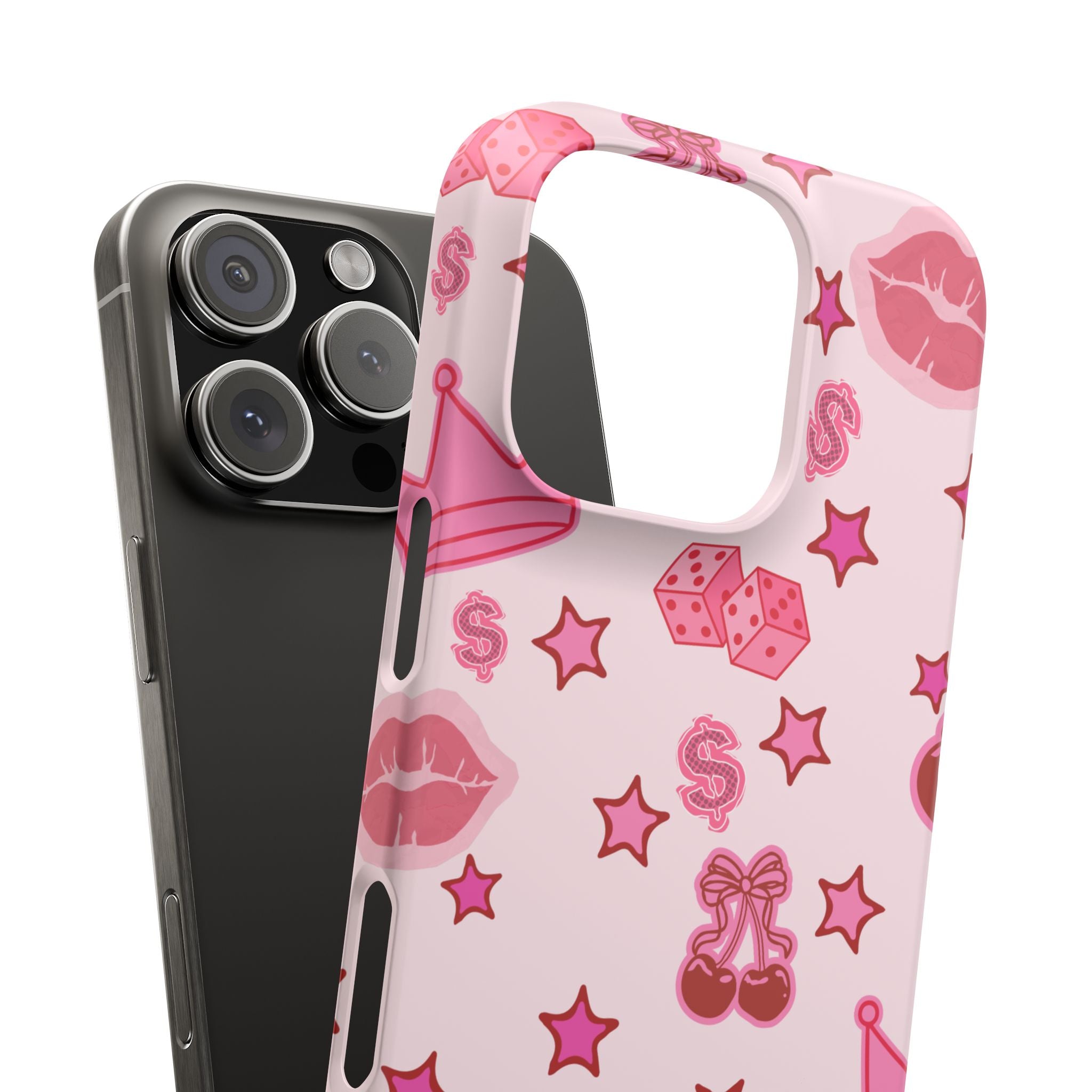 Pink Kawaii Icons Phone Case — Lip, Crown & Cherry Pattern Snap Case
