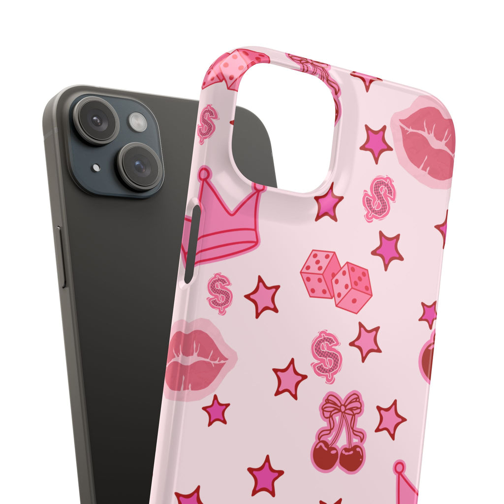 Pink Kawaii Icons Phone Case — Lip, Crown & Cherry Pattern Snap Case