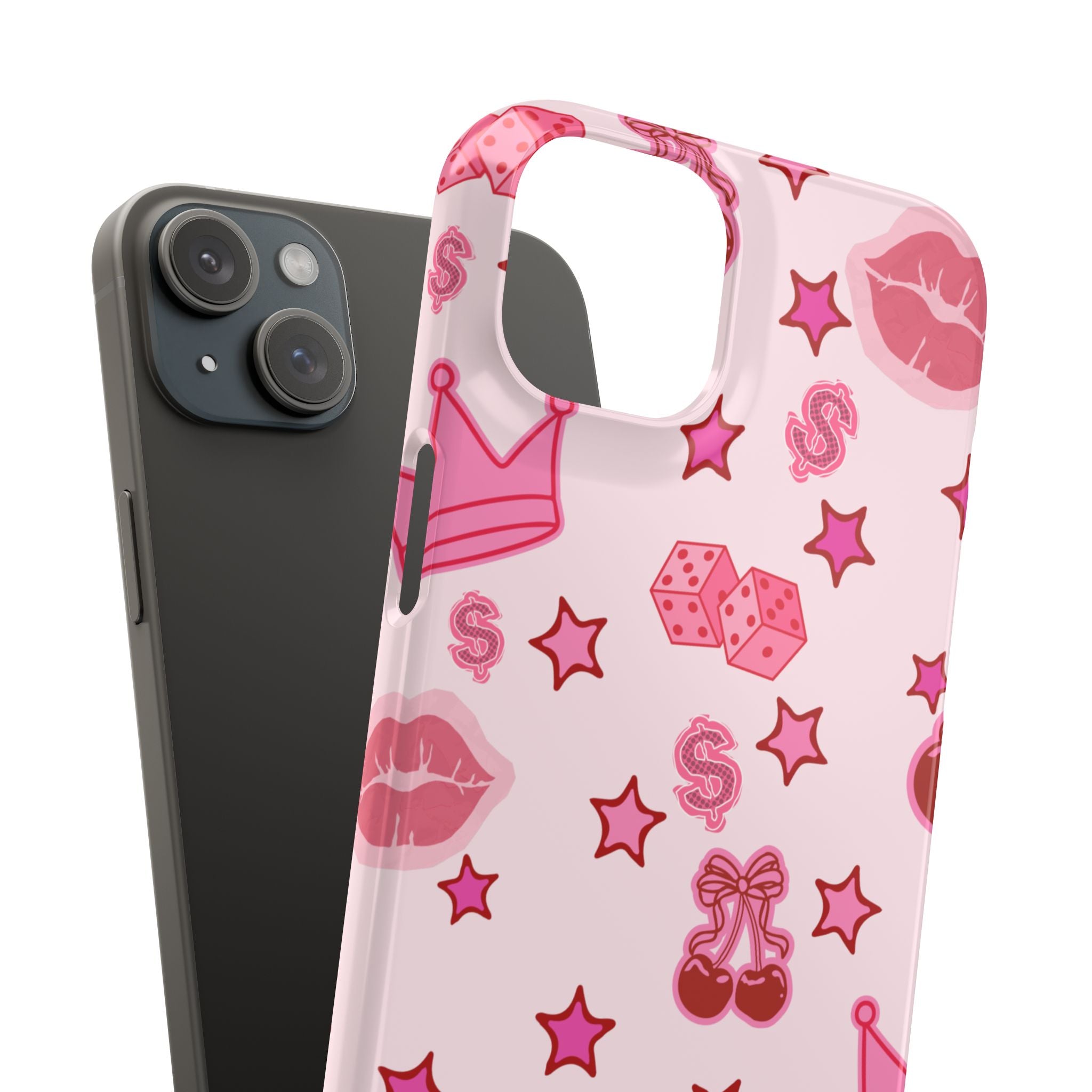 Pink Kawaii Icons Phone Case — Lip, Crown & Cherry Pattern Snap Case