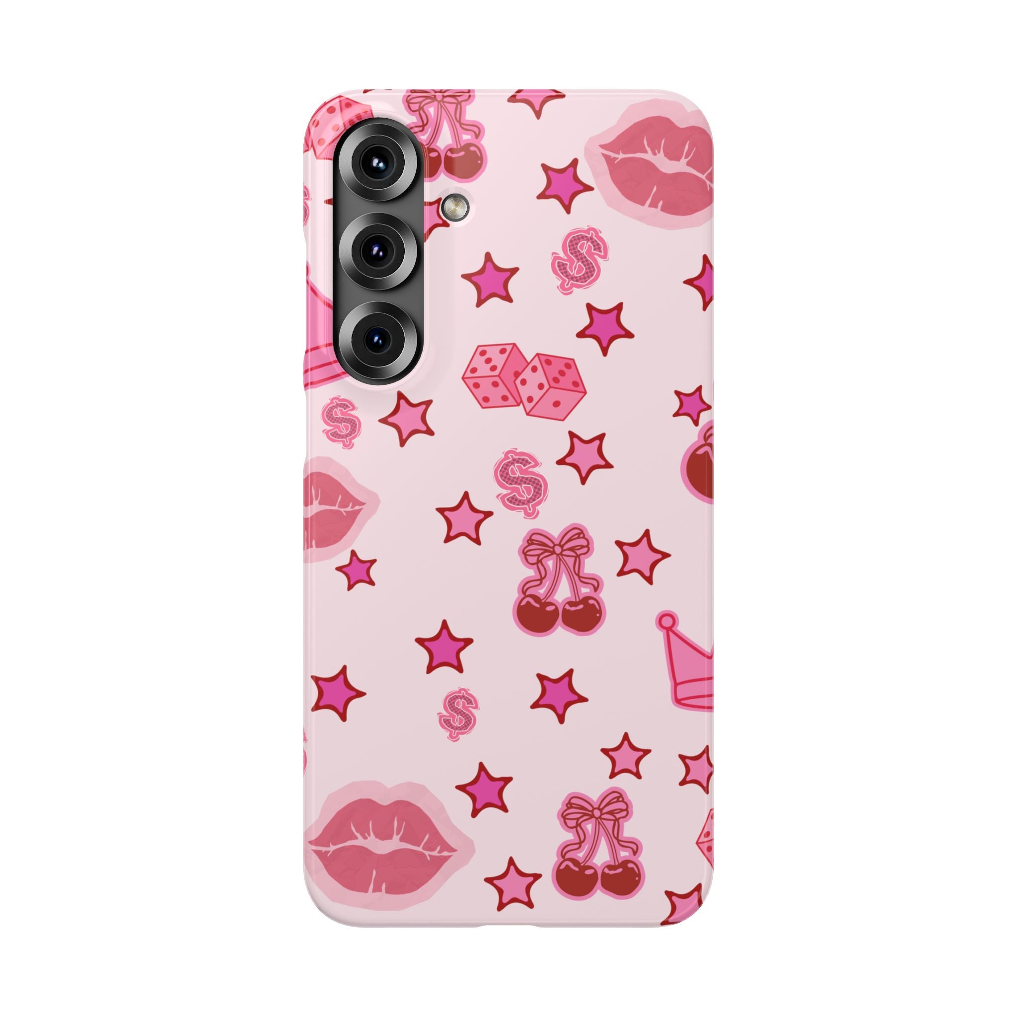 Pink Kawaii Icons Phone Case — Lip, Crown & Cherry Pattern Snap Case