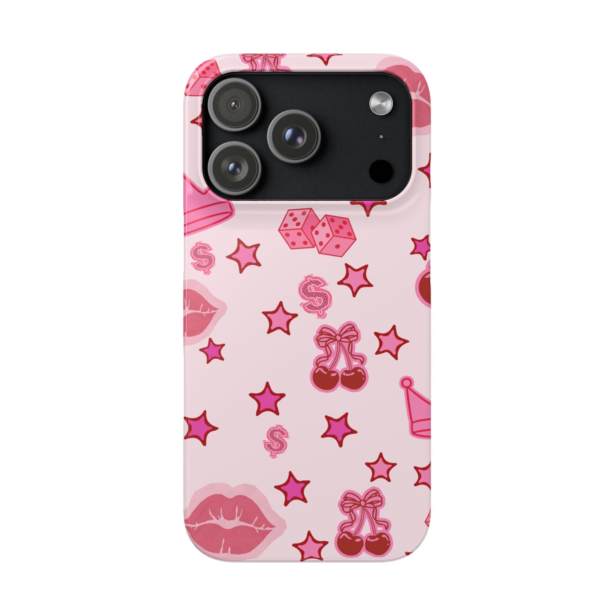 Pink Kawaii Icons Phone Case — Lip, Crown & Cherry Pattern Snap Case