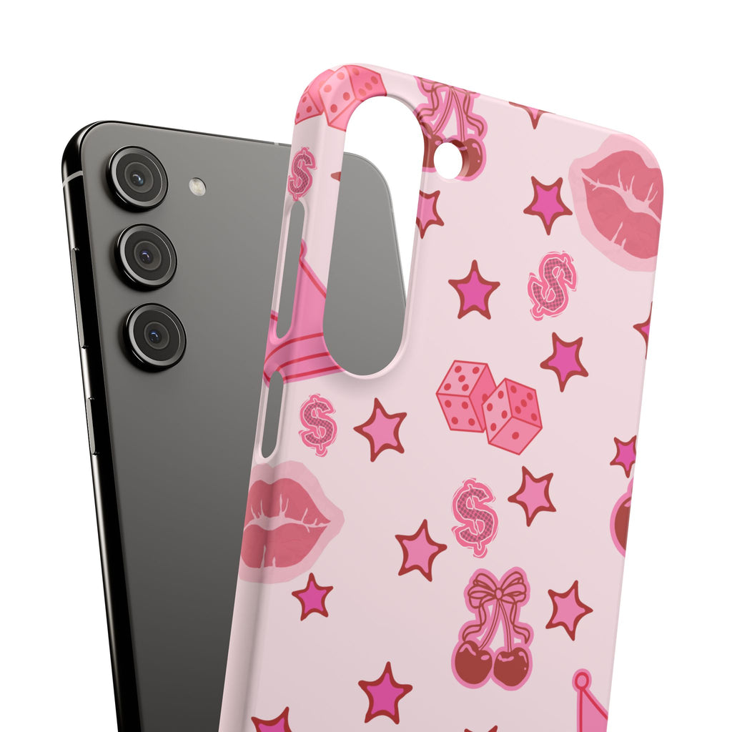 Pink Kawaii Icons Phone Case — Lip, Crown & Cherry Pattern Snap Case