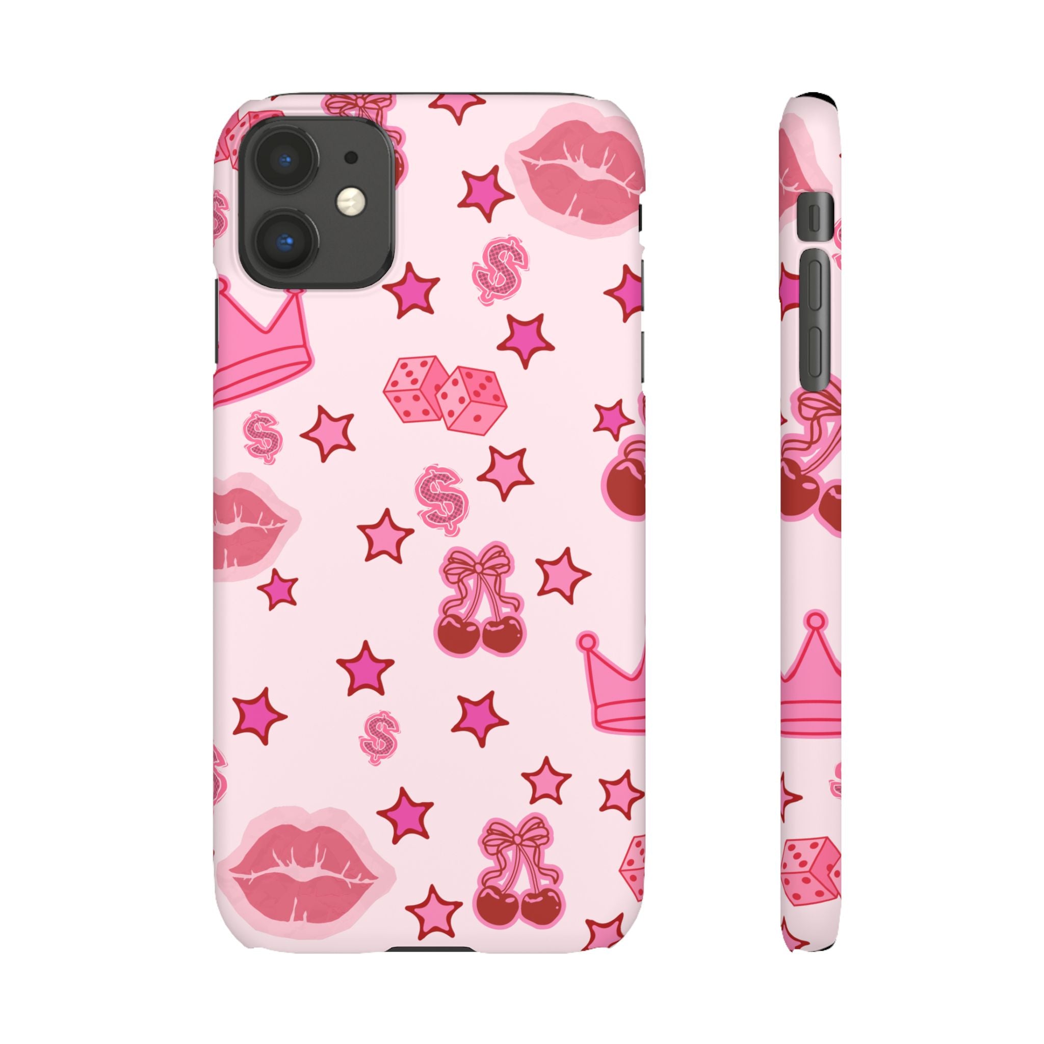 Pink Kawaii Icons Phone Case — Lip, Crown & Cherry Pattern Snap Case
