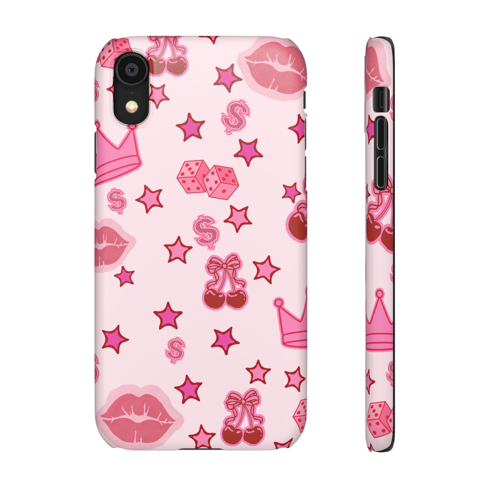 Pink Kawaii Icons Phone Case — Lip, Crown & Cherry Pattern Snap Case