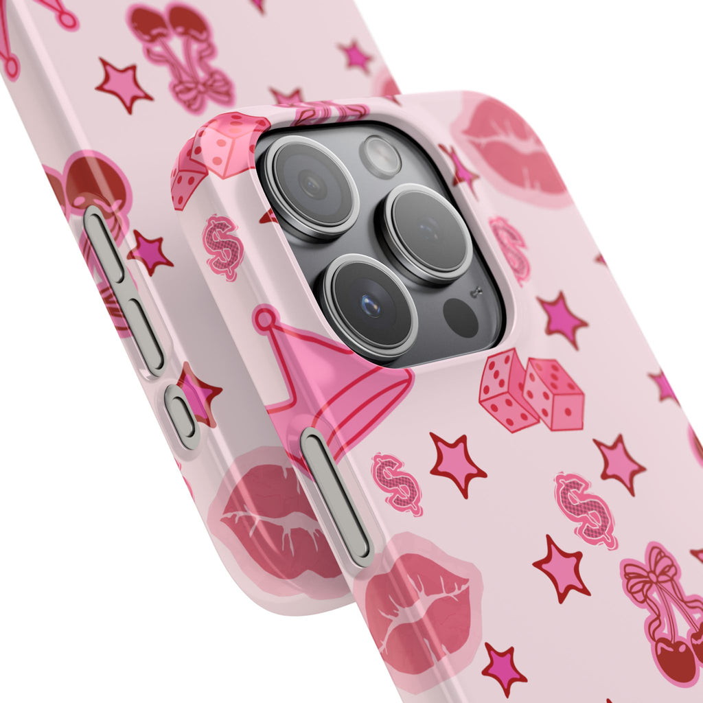 Pink Kawaii Icons Phone Case — Lip, Crown & Cherry Pattern Snap Case