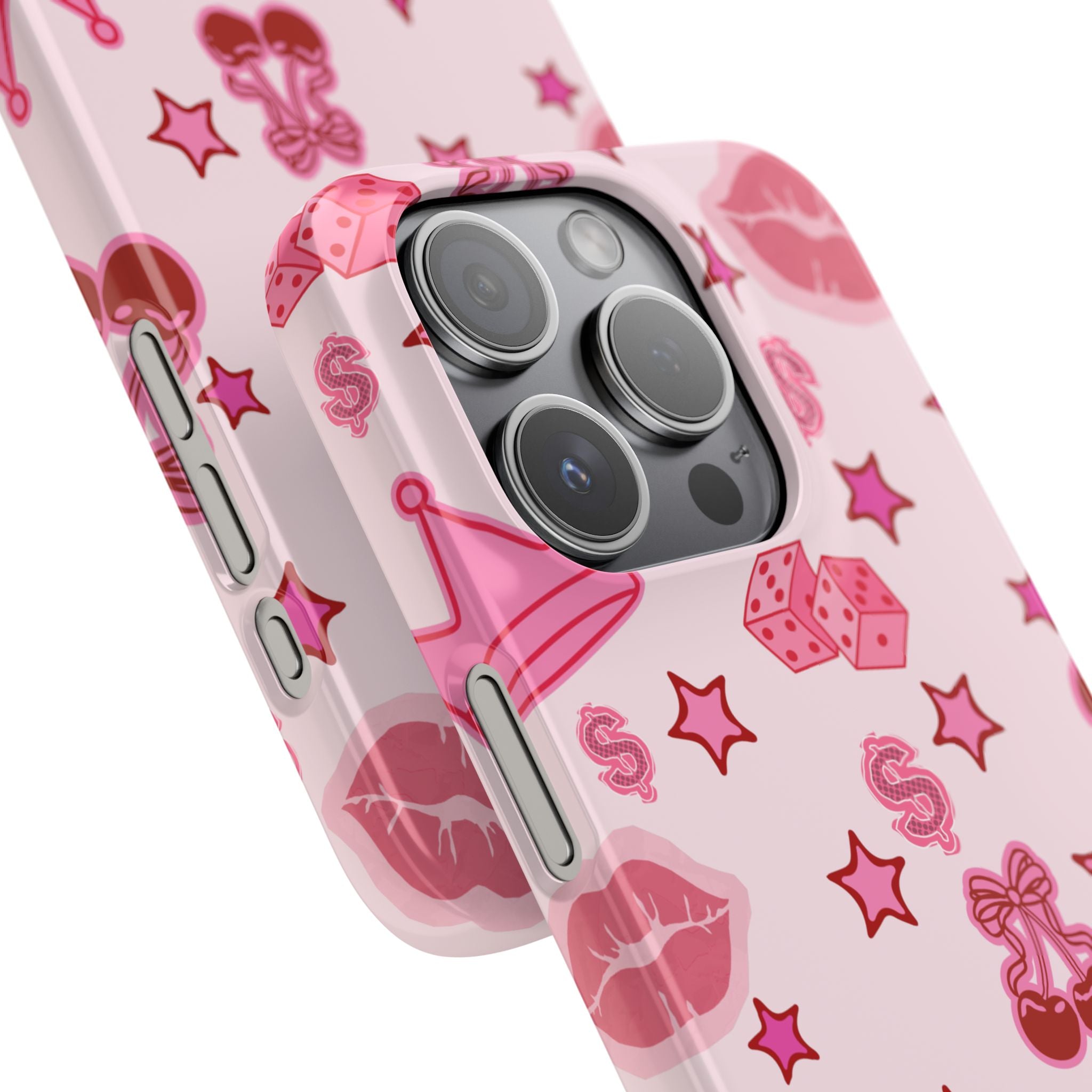 Pink Kawaii Icons Phone Case — Lip, Crown & Cherry Pattern Snap Case