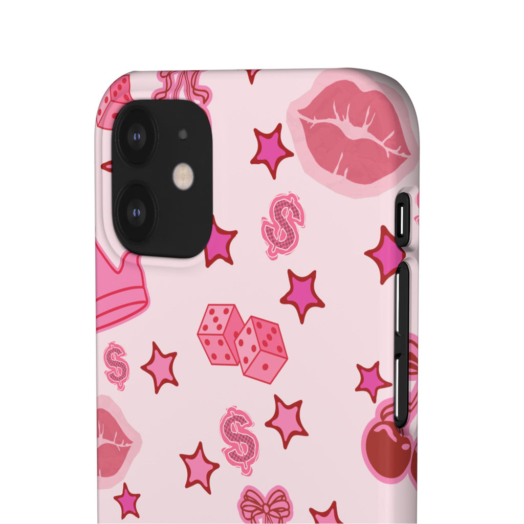 Pink Kawaii Icons Phone Case — Lip, Crown & Cherry Pattern Snap Case