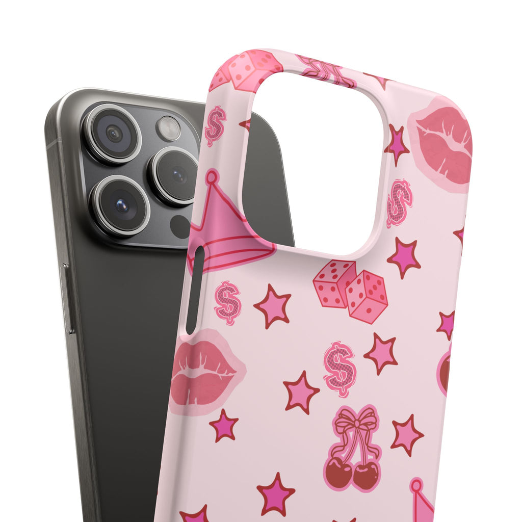 Pink Kawaii Icons Phone Case — Lip, Crown & Cherry Pattern Snap Case
