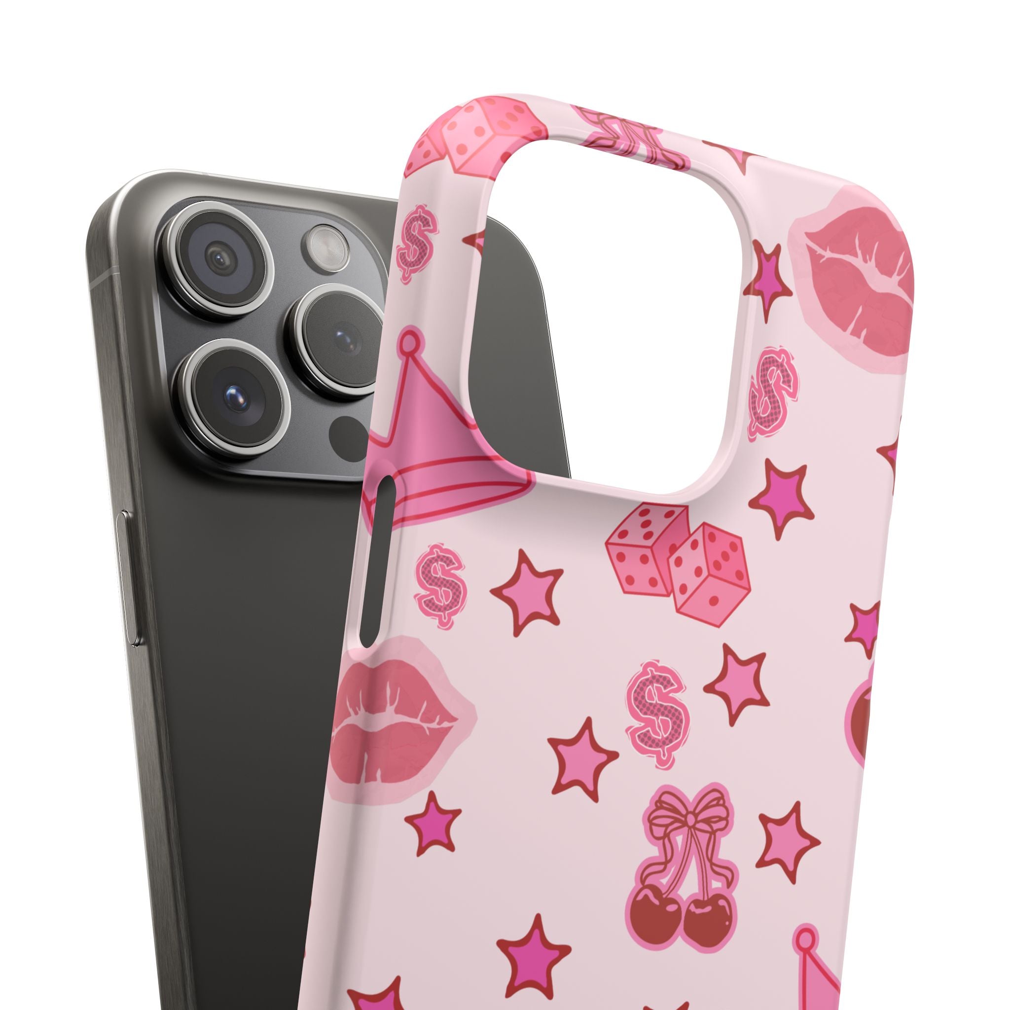 Pink Kawaii Icons Phone Case — Lip, Crown & Cherry Pattern Snap Case