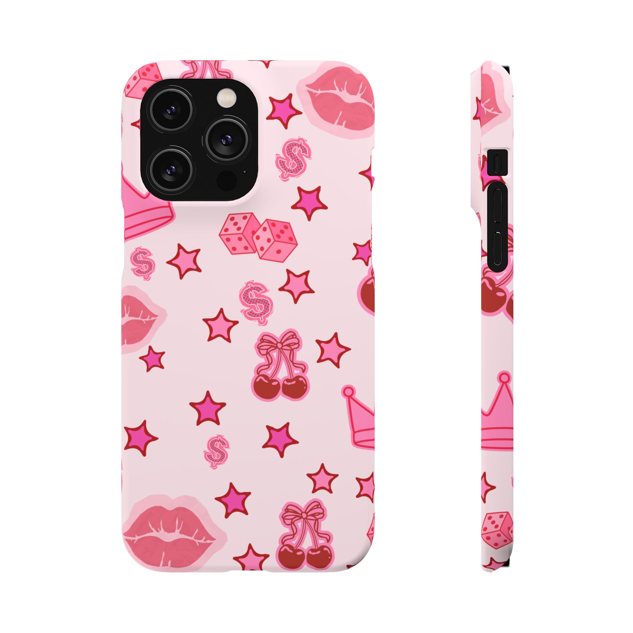 Pink Kawaii Icons Phone Case — Lip, Crown & Cherry Pattern Snap Case