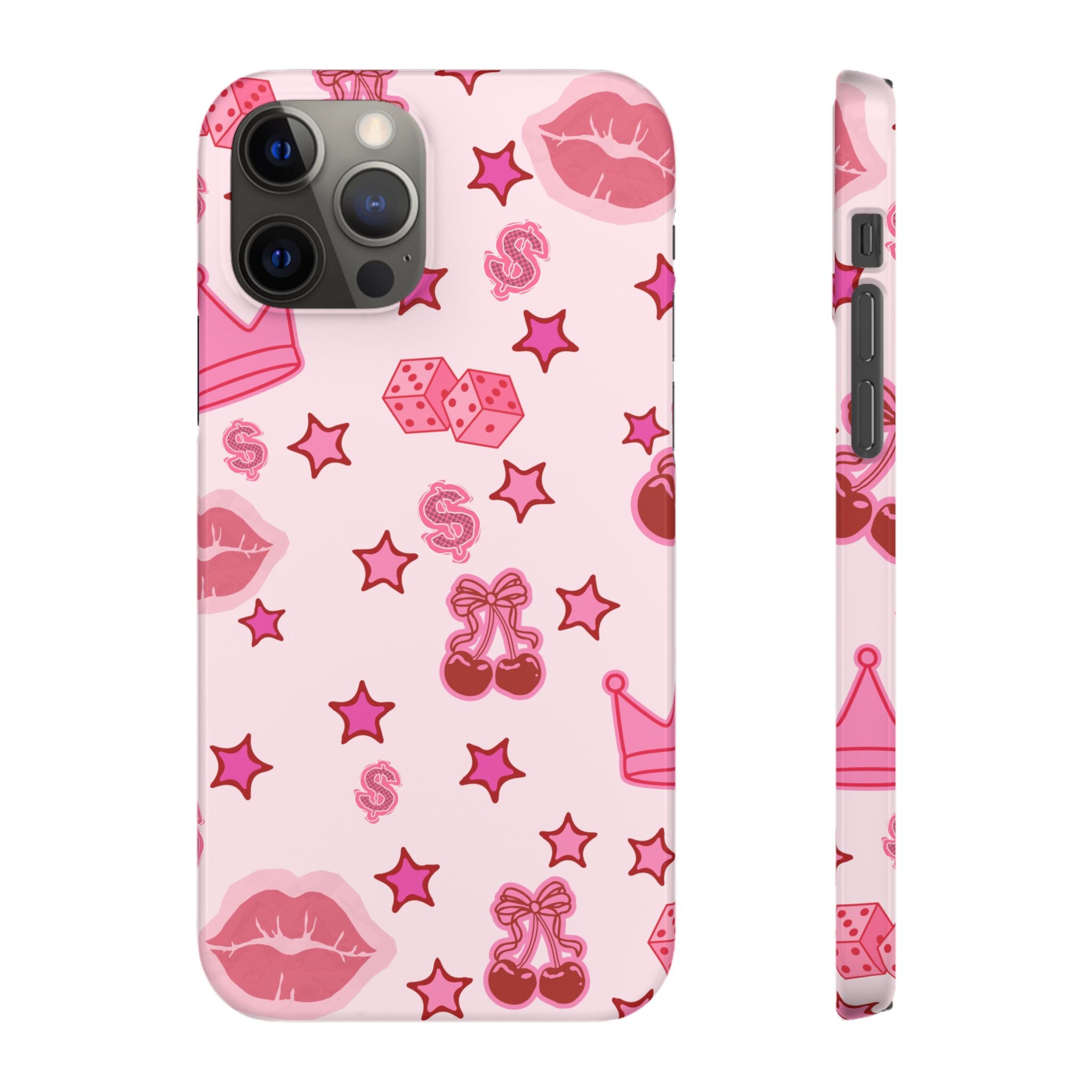 Pink Kawaii Icons Phone Case — Lip, Crown & Cherry Pattern Snap Case