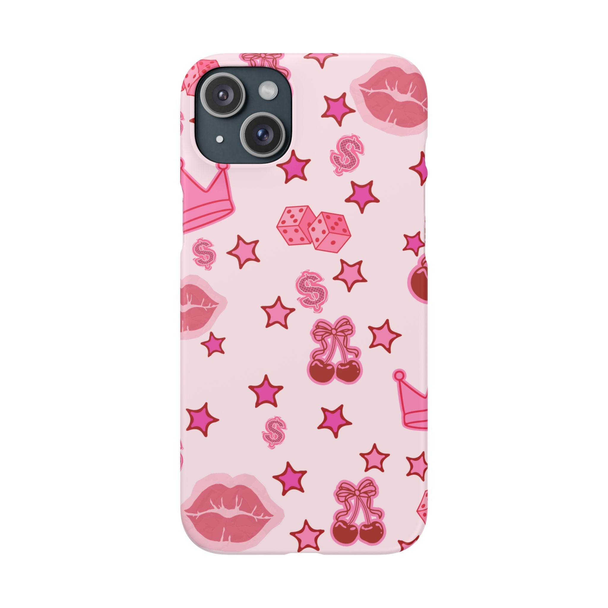 Pink Kawaii Icons Phone Case — Lip, Crown & Cherry Pattern Snap Case
