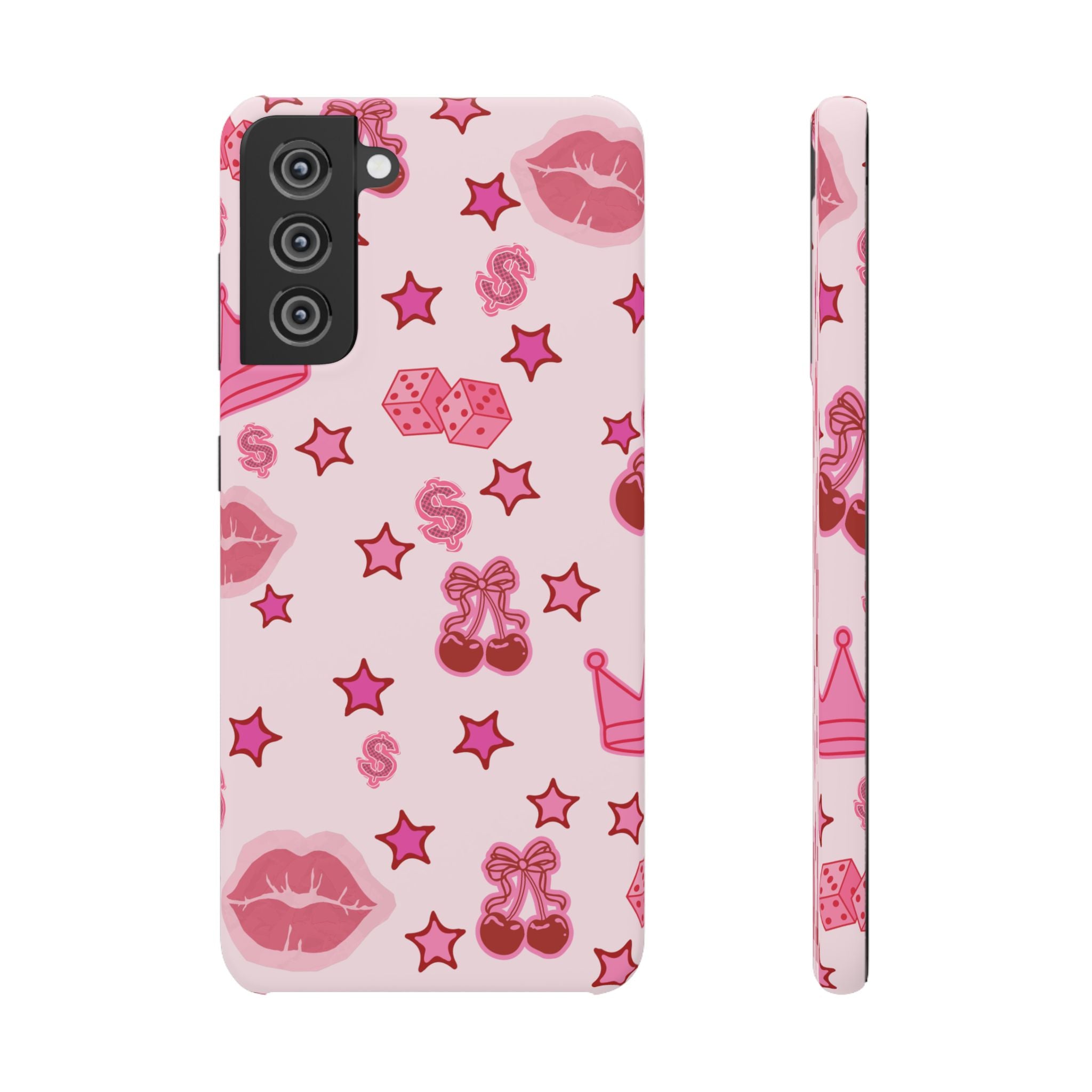 Pink Kawaii Icons Phone Case — Lip, Crown & Cherry Pattern Snap Case