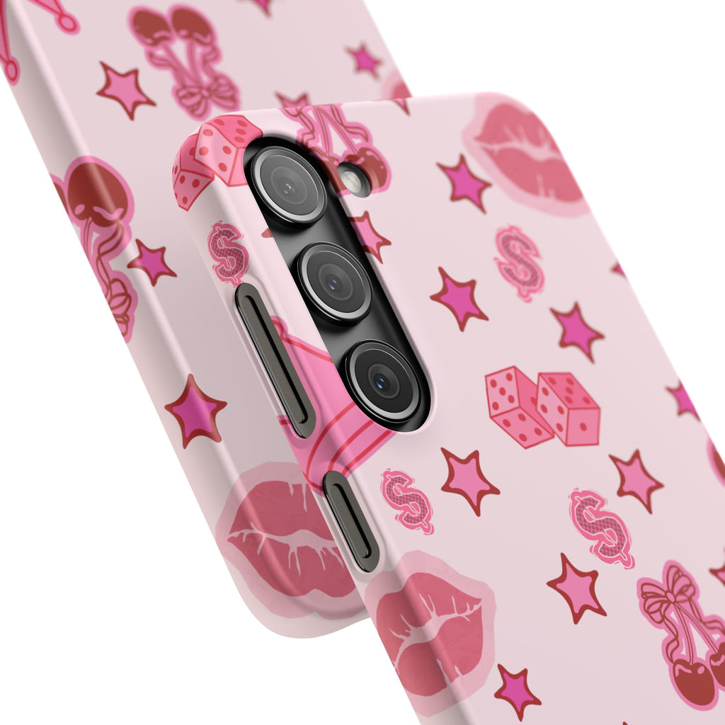 Pink Kawaii Icons Phone Case — Lip, Crown & Cherry Pattern Snap Case