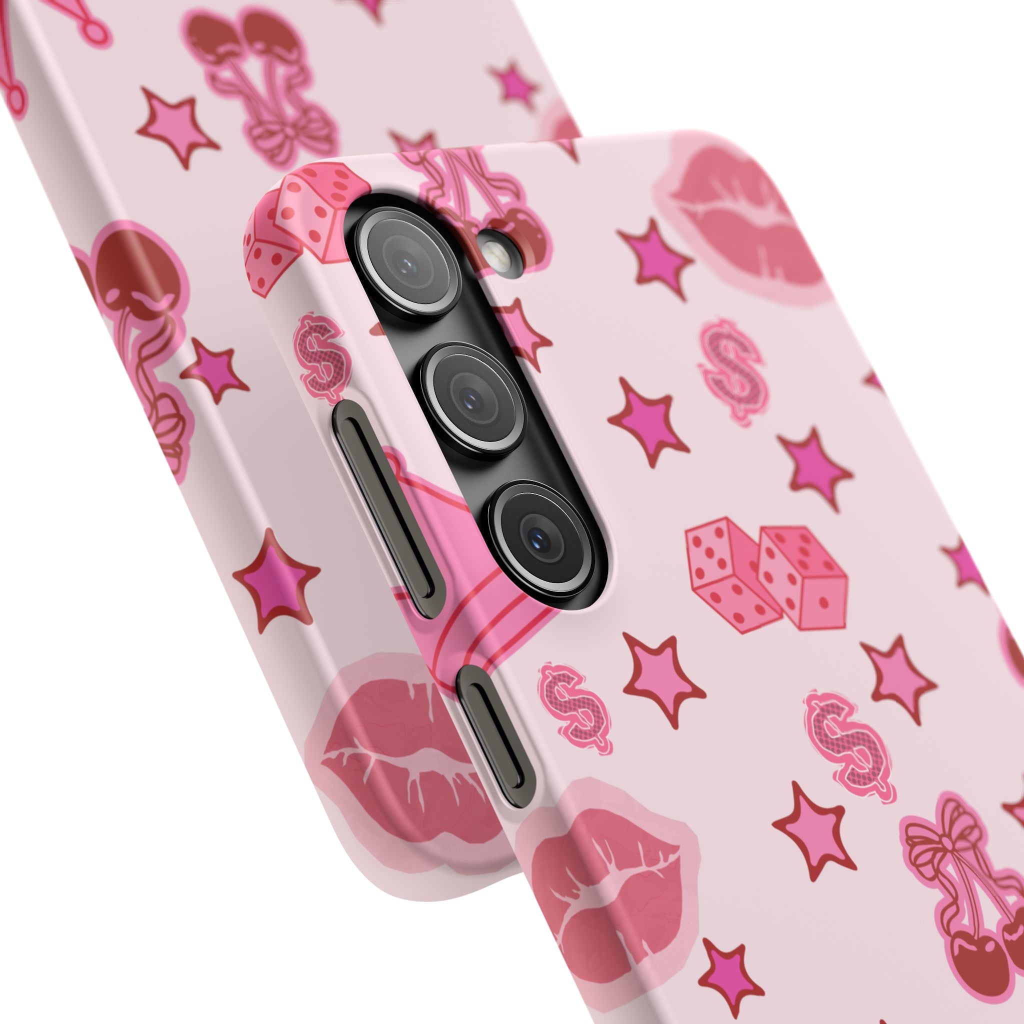 Pink Kawaii Icons Phone Case — Lip, Crown & Cherry Pattern Snap Case