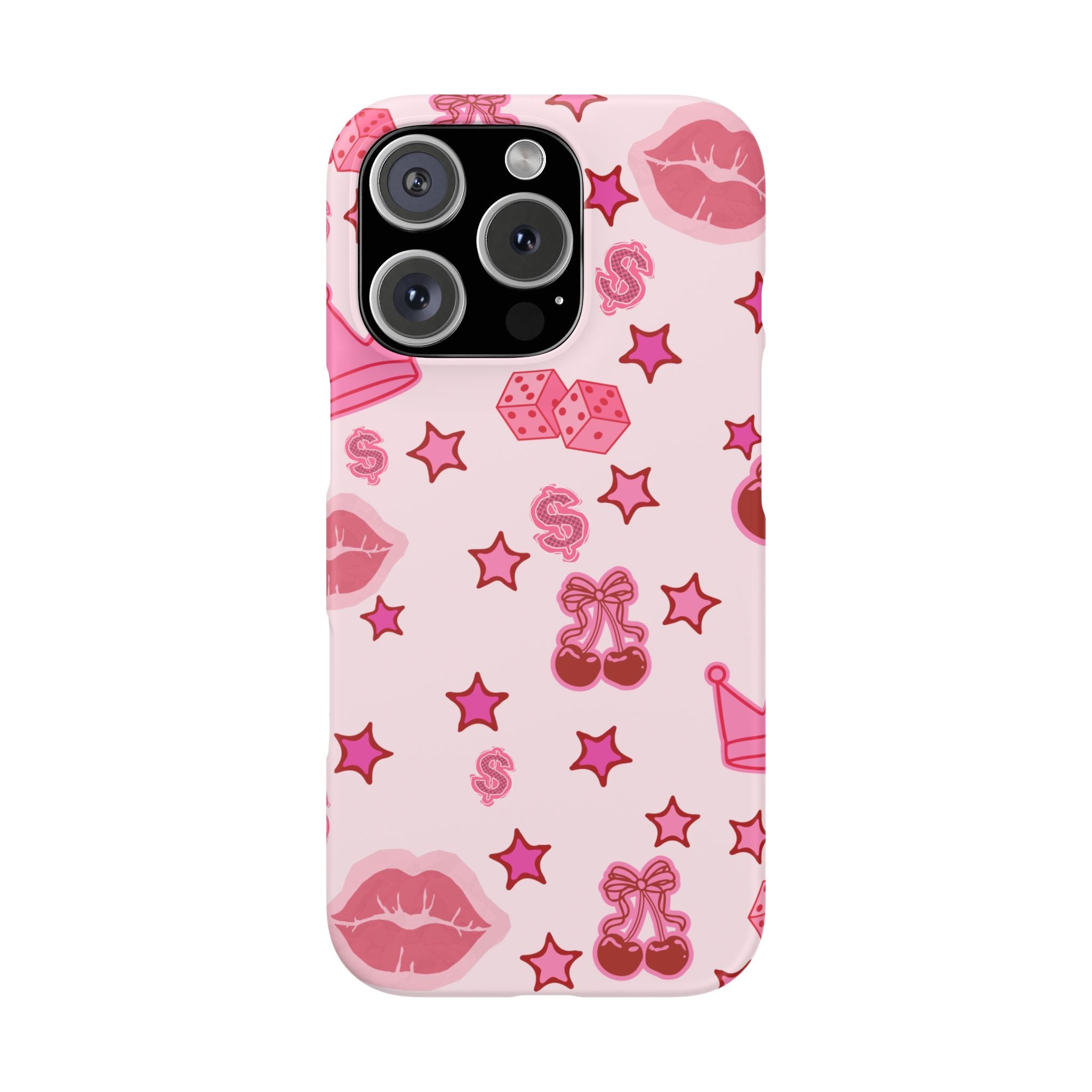Pink Kawaii Icons Phone Case — Lip, Crown & Cherry Pattern Snap Case