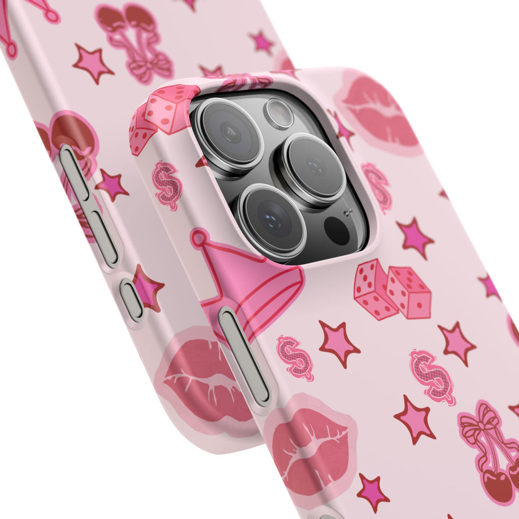 Pink Kawaii Icons Phone Case — Lip, Crown & Cherry Pattern Snap Case