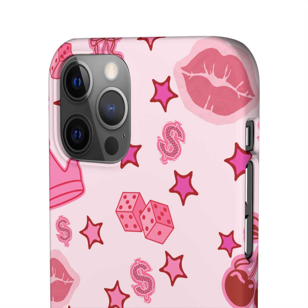 Pink Kawaii Icons Phone Case — Lip, Crown & Cherry Pattern Snap Case