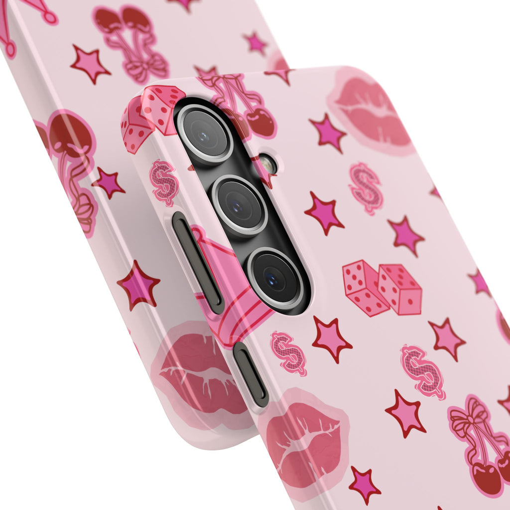 Pink Kawaii Icons Phone Case — Lip, Crown & Cherry Pattern Snap Case