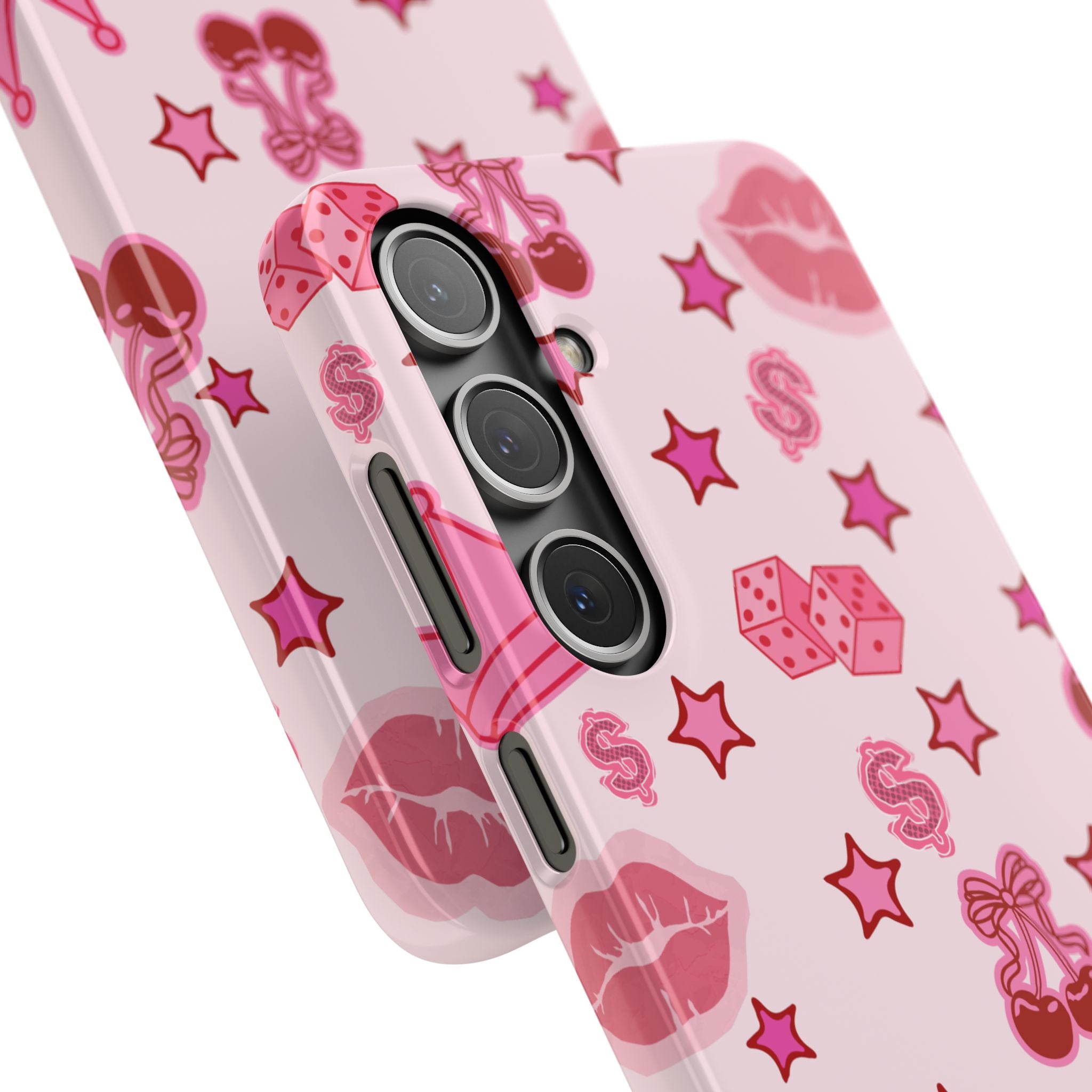 Pink Kawaii Icons Phone Case — Lip, Crown & Cherry Pattern Snap Case