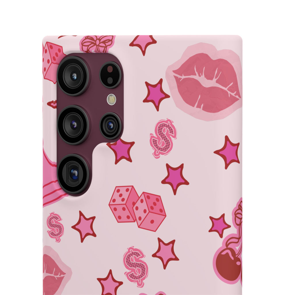 Pink Kawaii Icons Phone Case — Lip, Crown & Cherry Pattern Snap Case