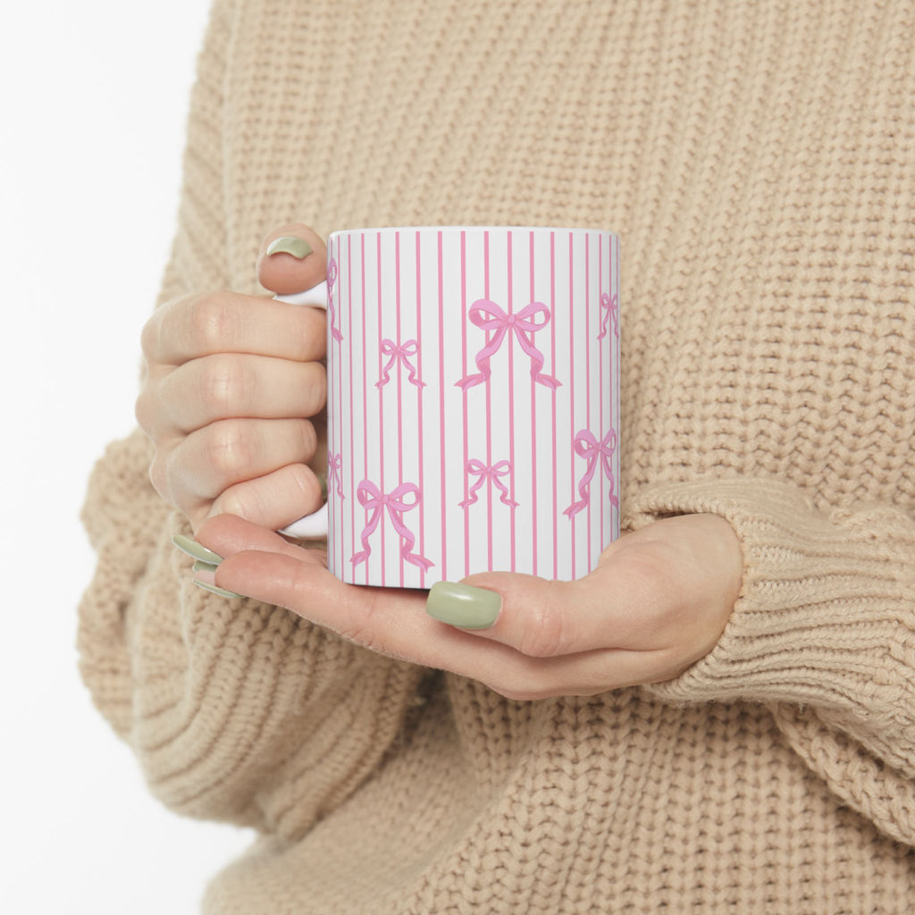 Pink Bow Stripe Ceramic Mug, Cute Coffee Cup (11oz & 15oz)
