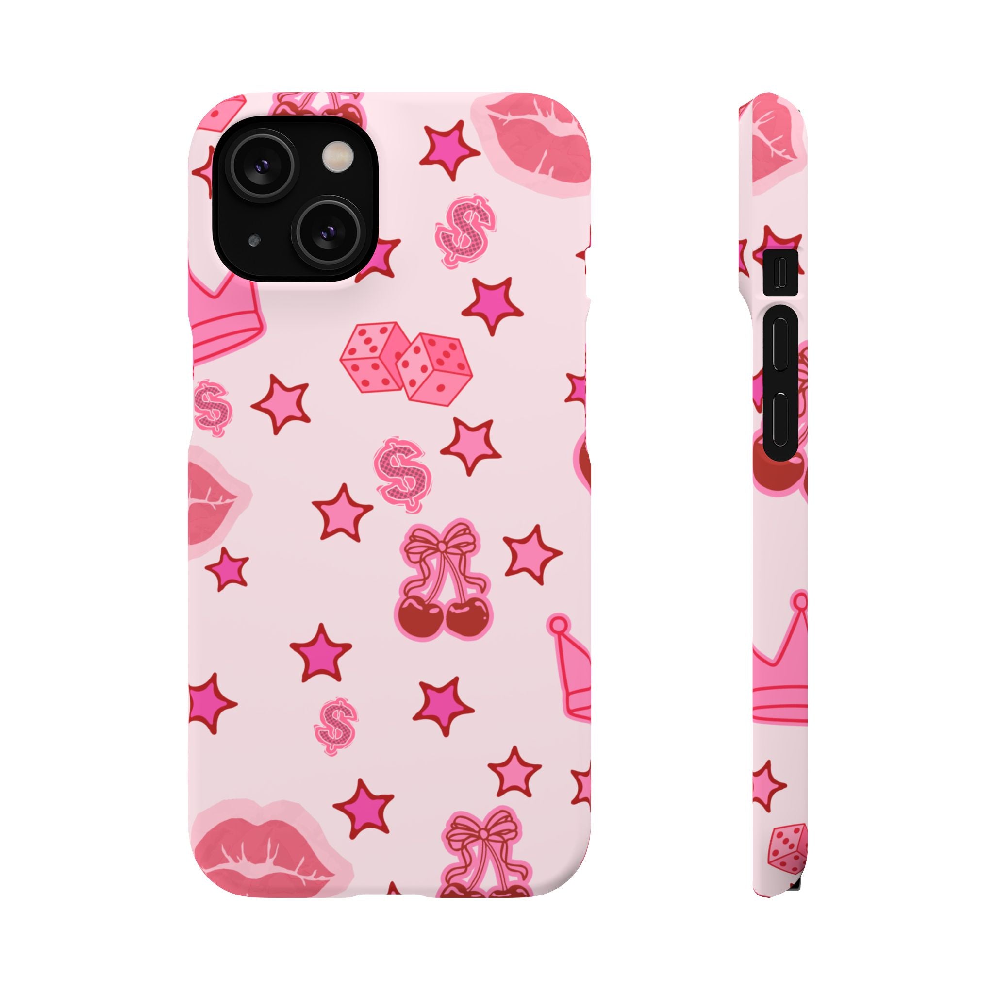 Pink Kawaii Icons Phone Case — Lip, Crown & Cherry Pattern Snap Case