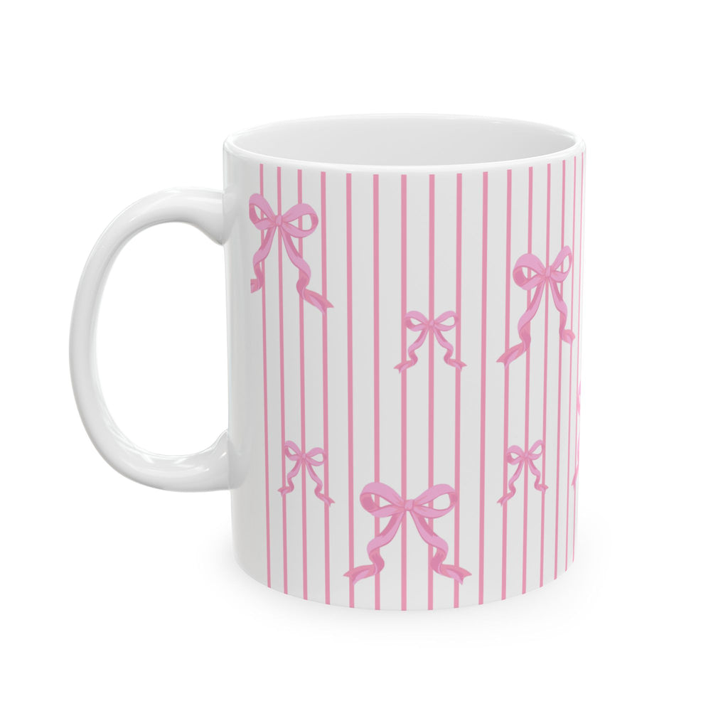 Pink Bow Stripe Ceramic Mug, Cute Coffee Cup (11oz & 15oz)
