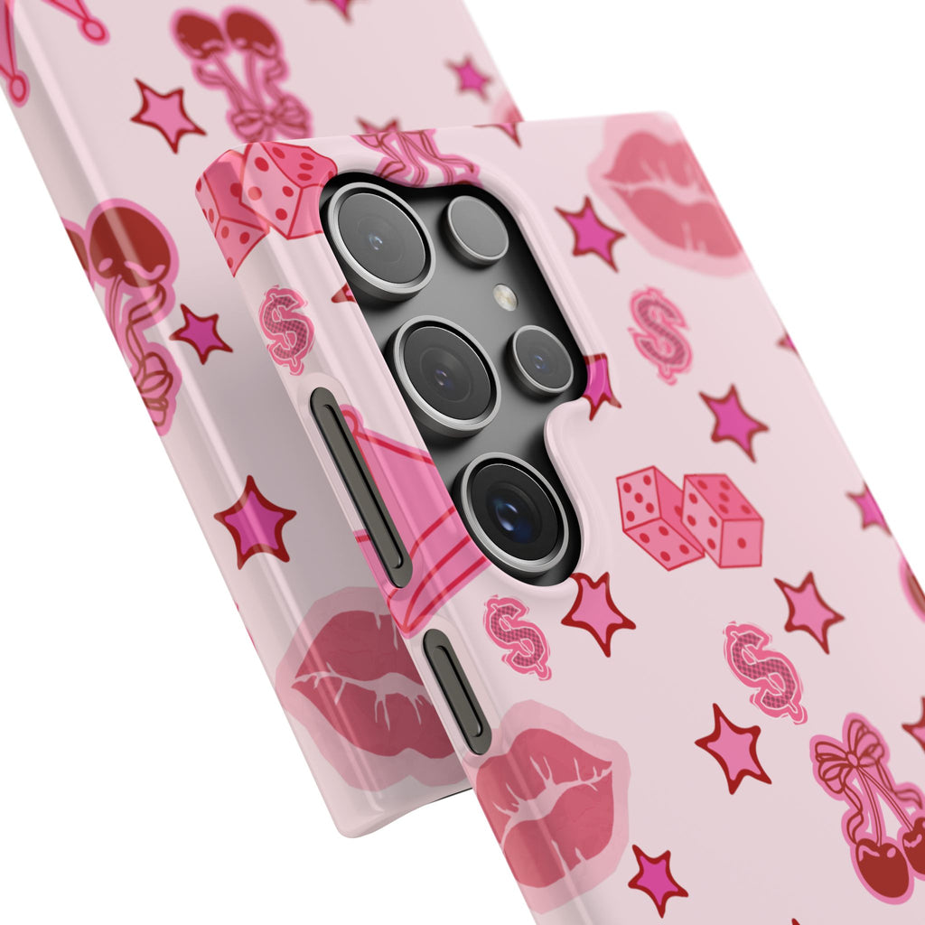 Pink Kawaii Icons Phone Case — Lip, Crown & Cherry Pattern Snap Case