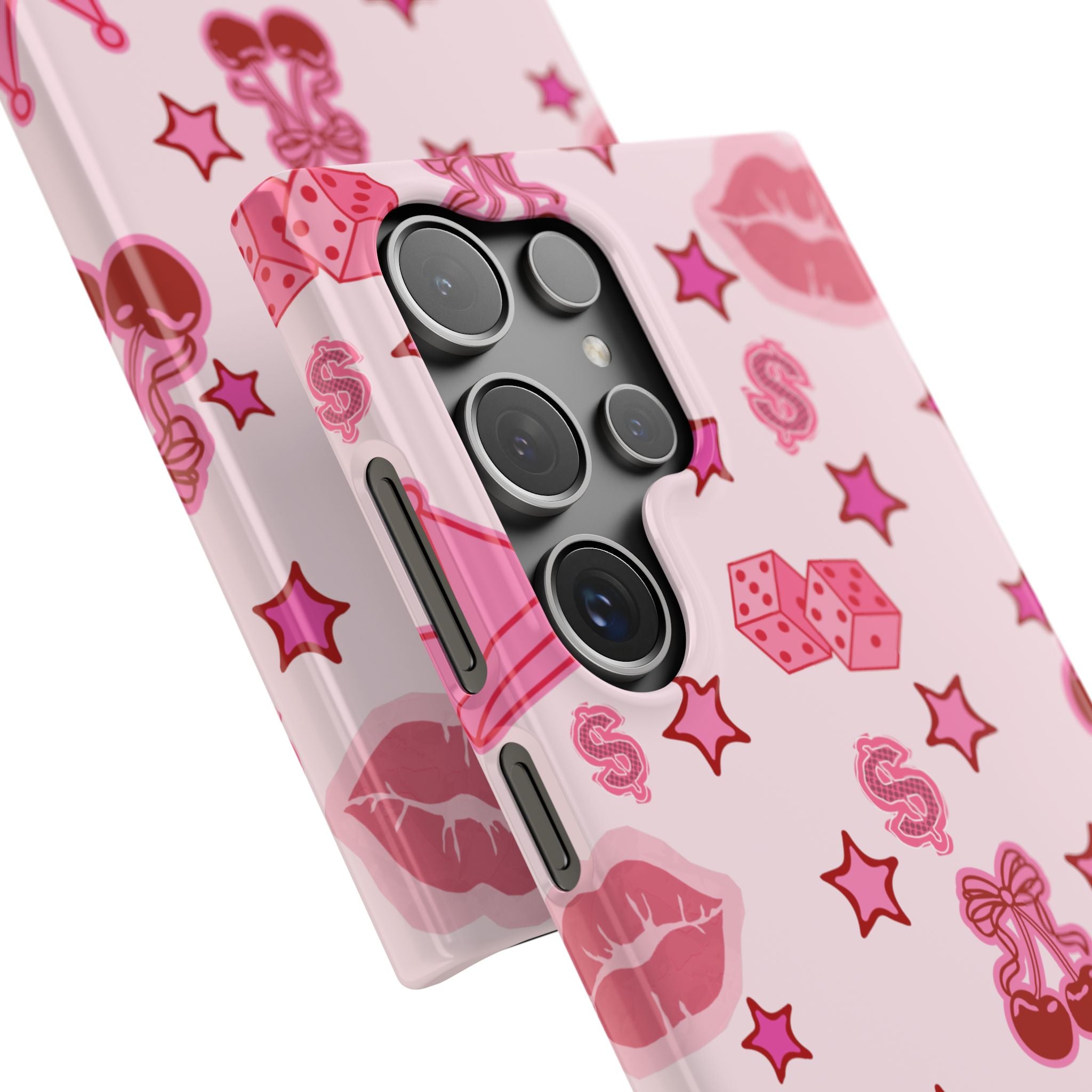 Pink Kawaii Icons Phone Case — Lip, Crown & Cherry Pattern Snap Case