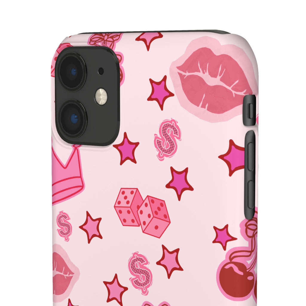 Pink Kawaii Icons Phone Case — Lip, Crown & Cherry Pattern Snap Case