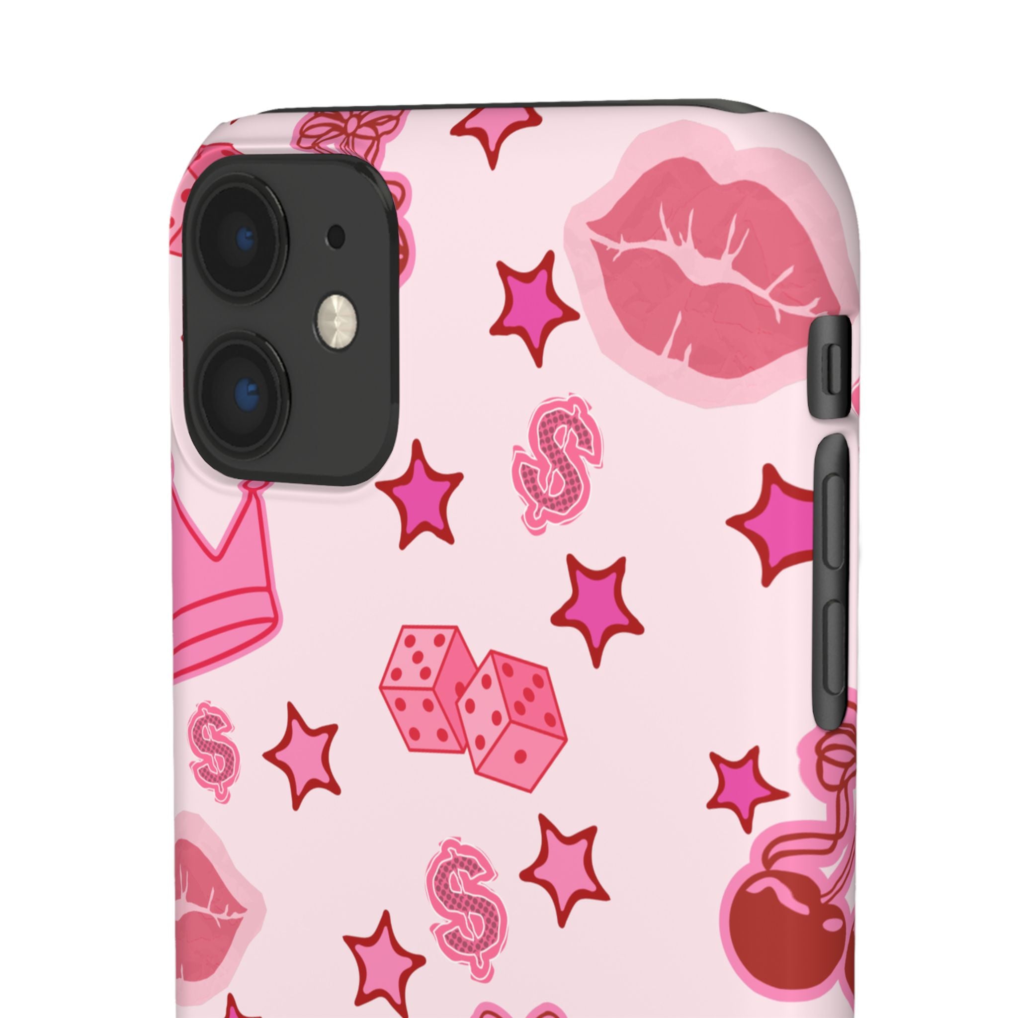 Pink Kawaii Icons Phone Case — Lip, Crown & Cherry Pattern Snap Case