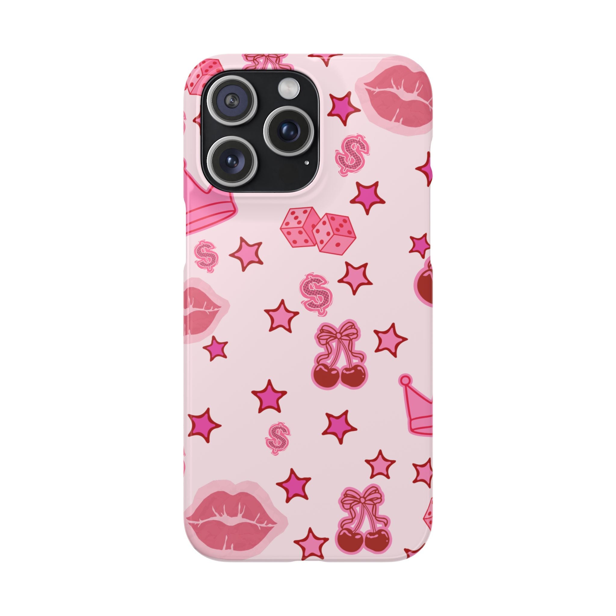 Pink Kawaii Icons Phone Case — Lip, Crown & Cherry Pattern Snap Case