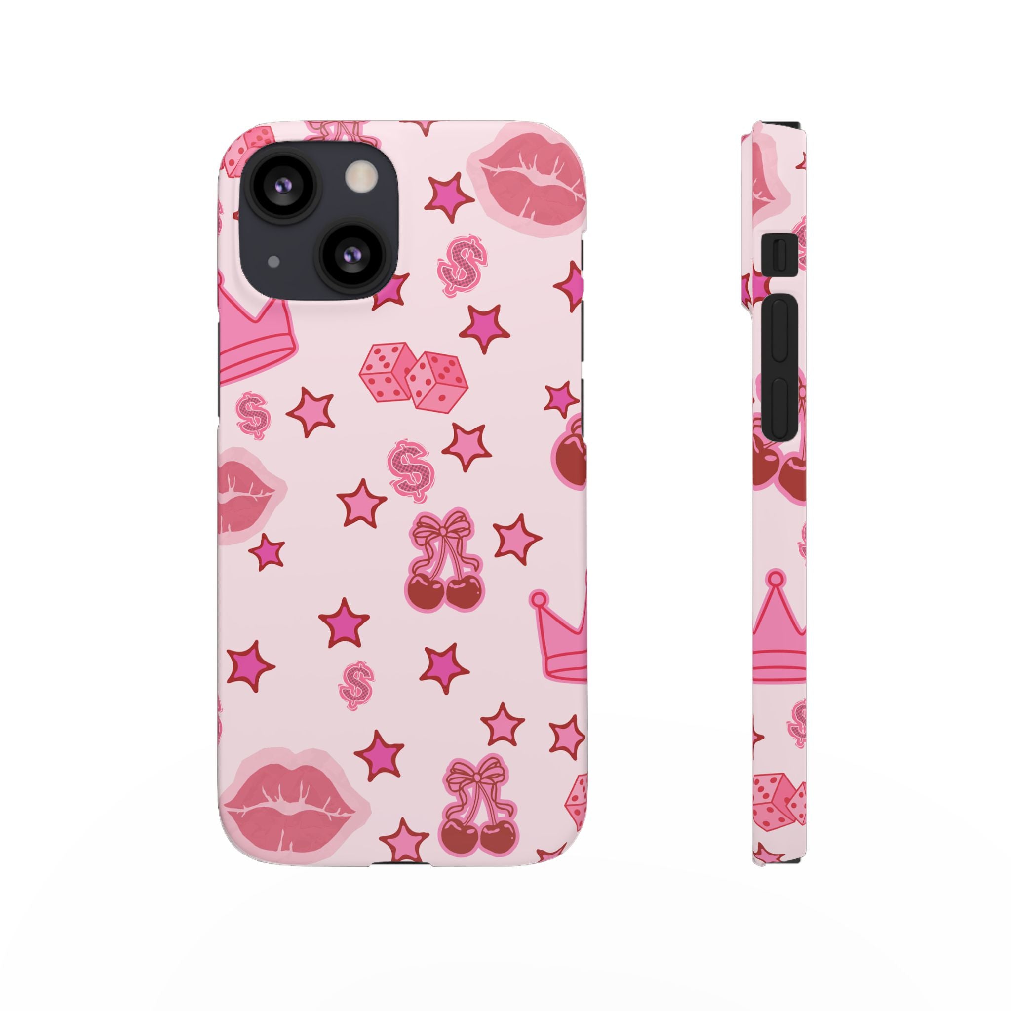 Pink Kawaii Icons Phone Case — Lip, Crown & Cherry Pattern Snap Case