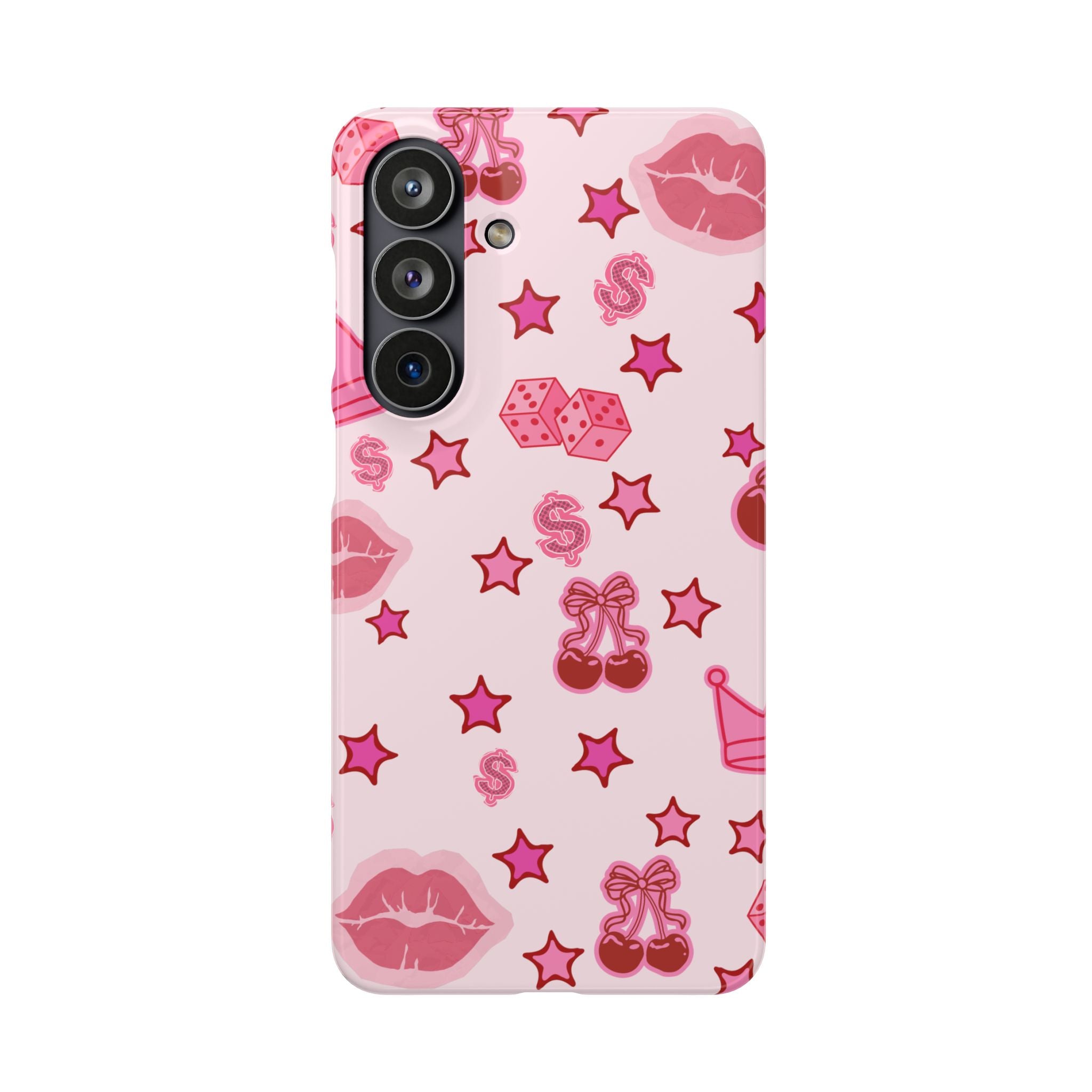 Pink Kawaii Icons Phone Case — Lip, Crown & Cherry Pattern Snap Case