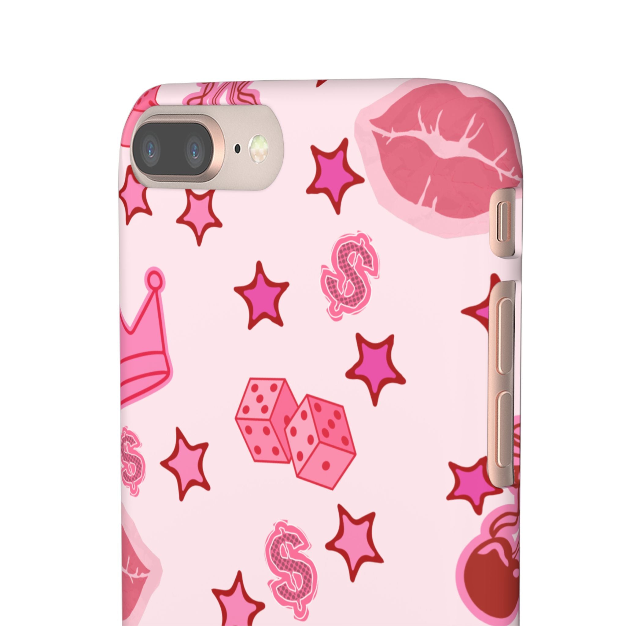 Pink Kawaii Icons Phone Case — Lip, Crown & Cherry Pattern Snap Case