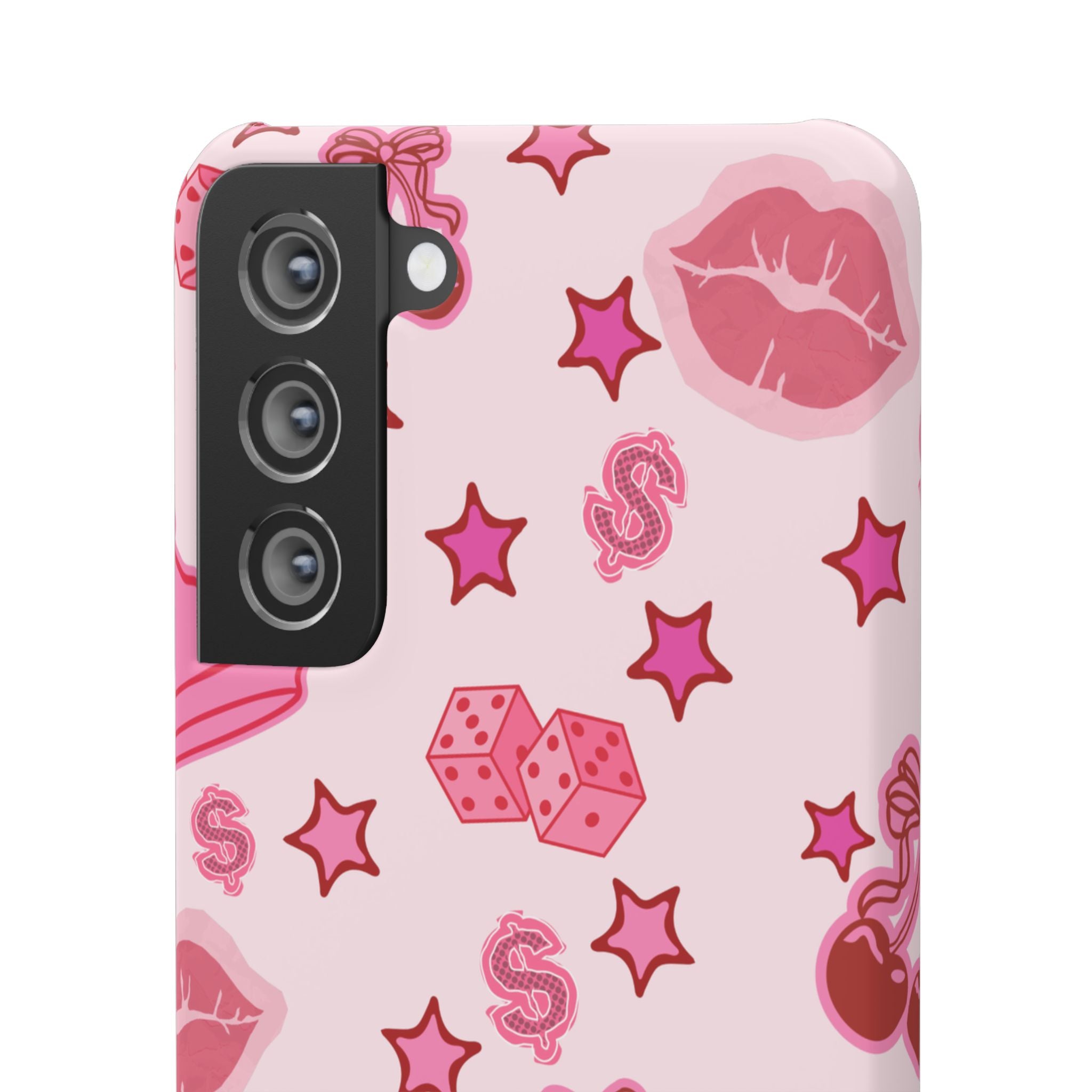 Pink Kawaii Icons Phone Case — Lip, Crown & Cherry Pattern Snap Case