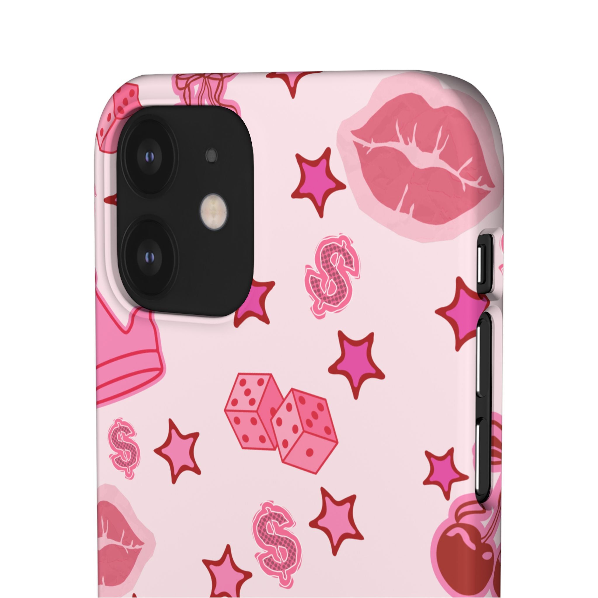 Pink Kawaii Icons Phone Case — Lip, Crown & Cherry Pattern Snap Case
