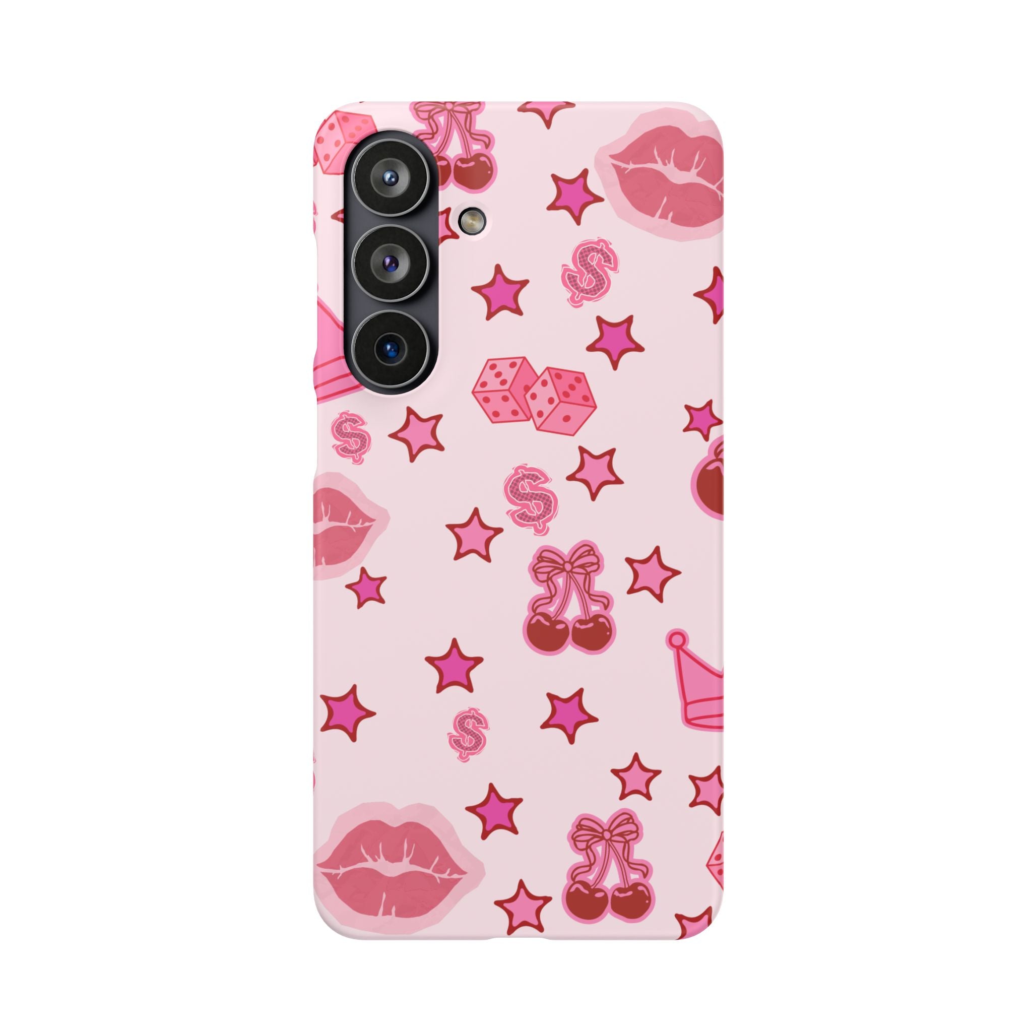 Pink Kawaii Icons Phone Case — Lip, Crown & Cherry Pattern Snap Case