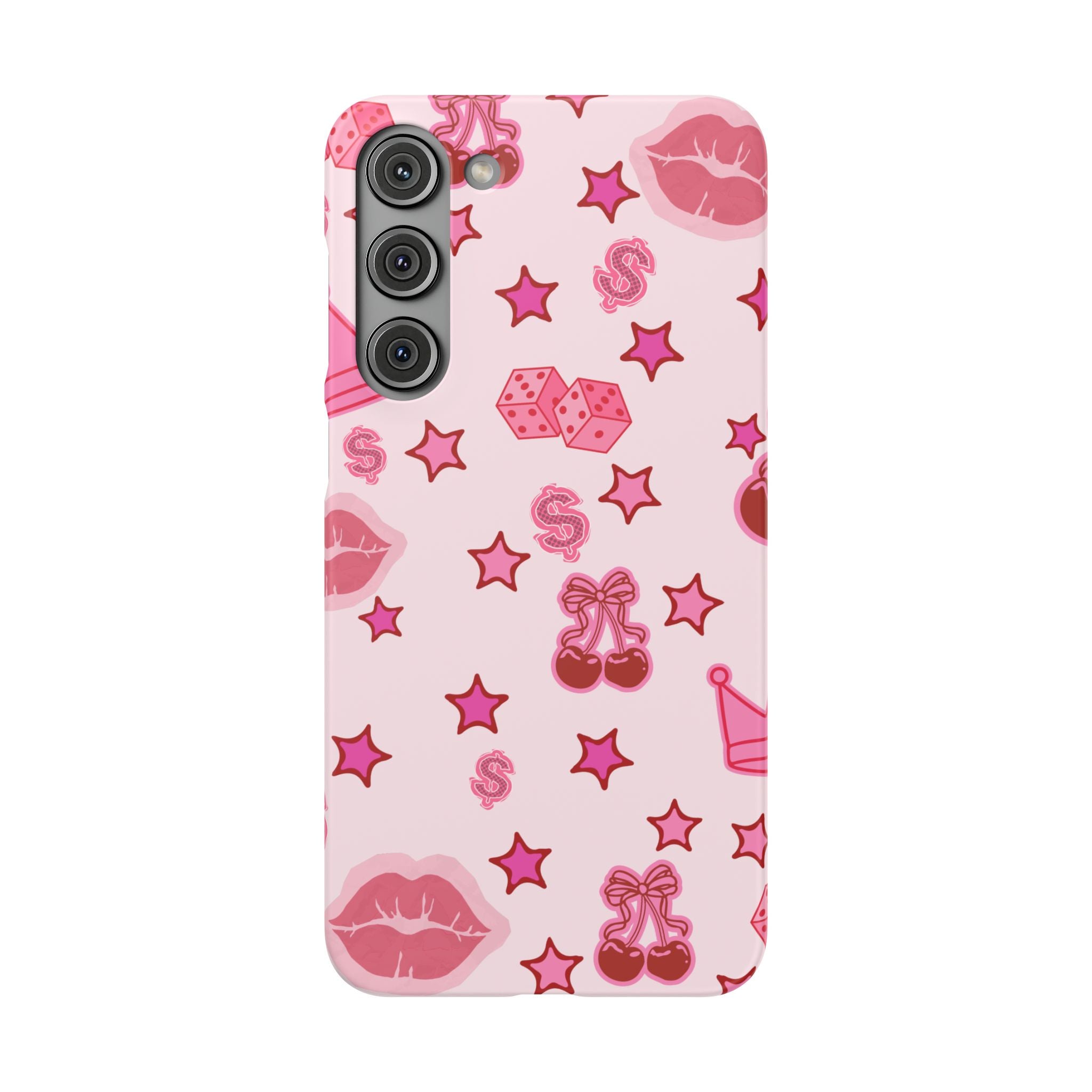 Pink Kawaii Icons Phone Case — Lip, Crown & Cherry Pattern Snap Case